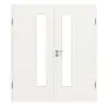 HUGA drzwi dwuskrzydłowe biały lakier dekor podobny do RAL 9016 Durat Basic z przeszkleniem LA 24 od strony zamka z ościeżnicą.