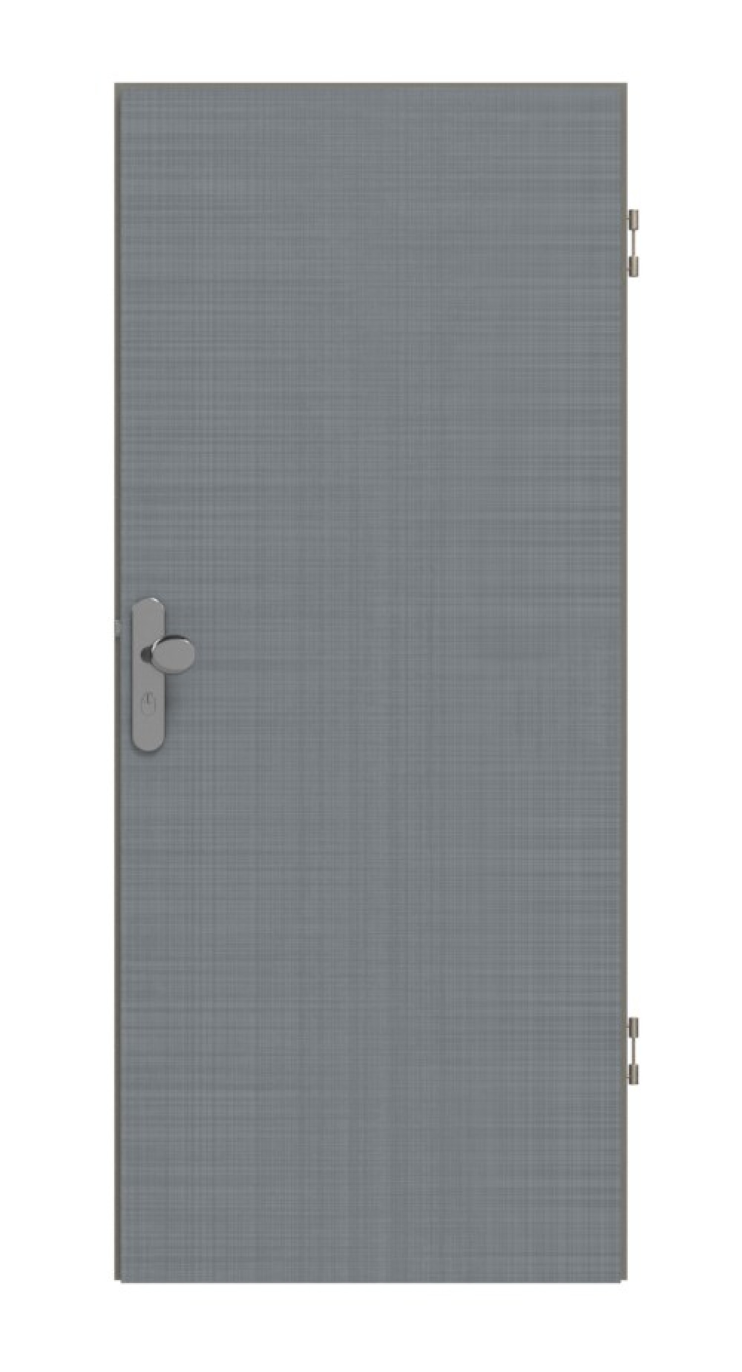 Frontansicht drzwi wejściowych do mieszkania Huga w kolorze szarym, przypominających bawełnę, styl Hygge.