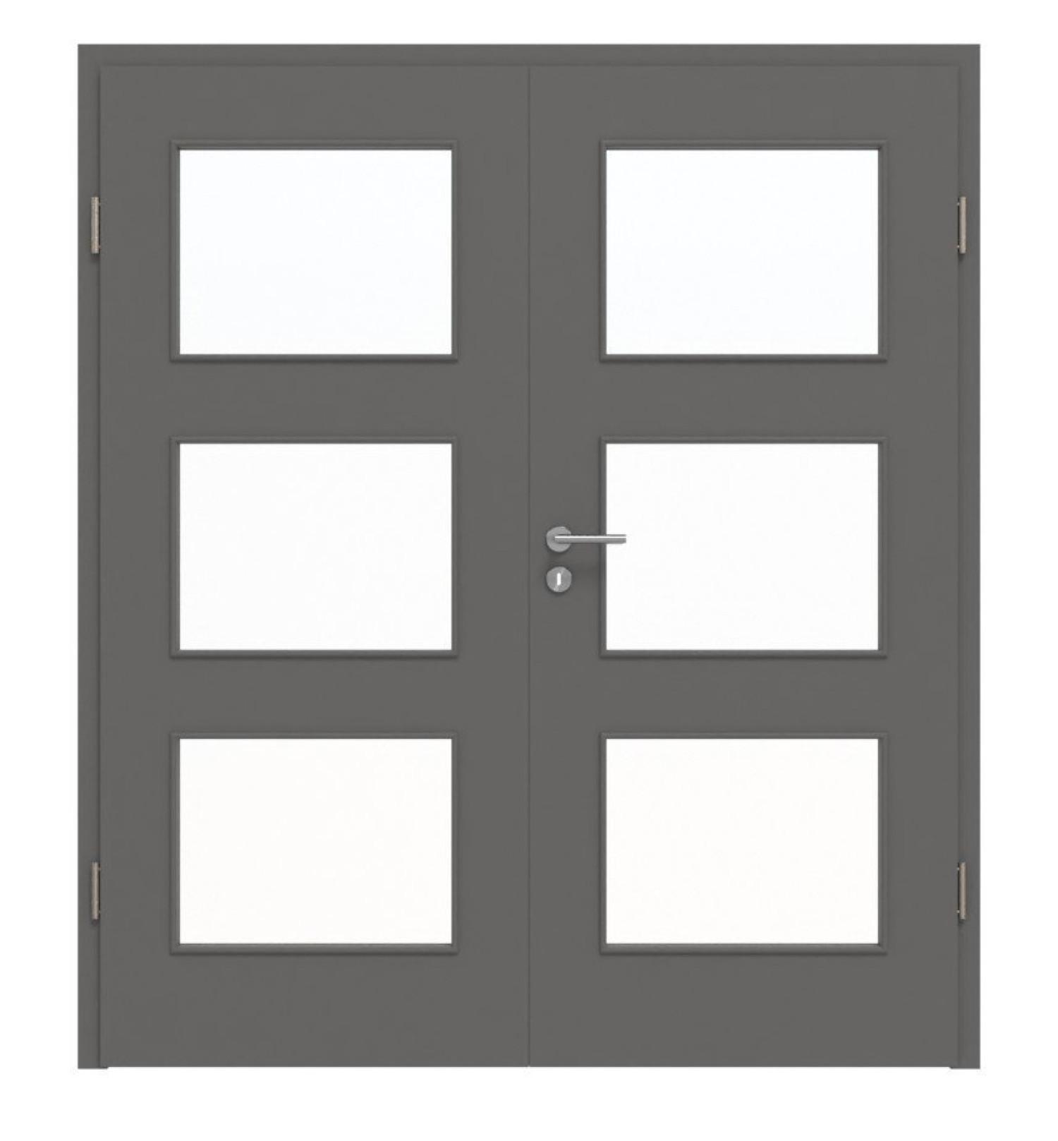 Widok frontowy drzwi podwójnych Huga Hygge szary RAL 7037 Duradecor Basic z przeszkleniem LA 11 z ościeżnicą