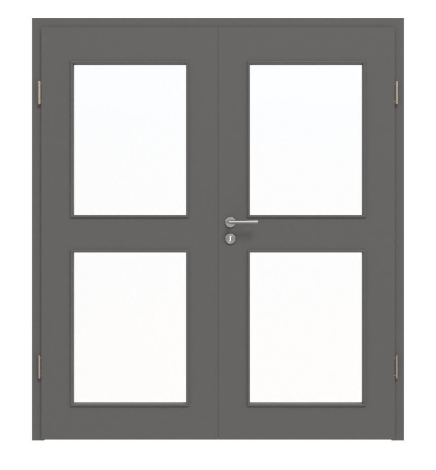 Widok frontowy drzwi podwójnych Huga Hygge szary RAL 7037 lakier podstawowy z przeszkleniem LA-12 z ościeżnicą
