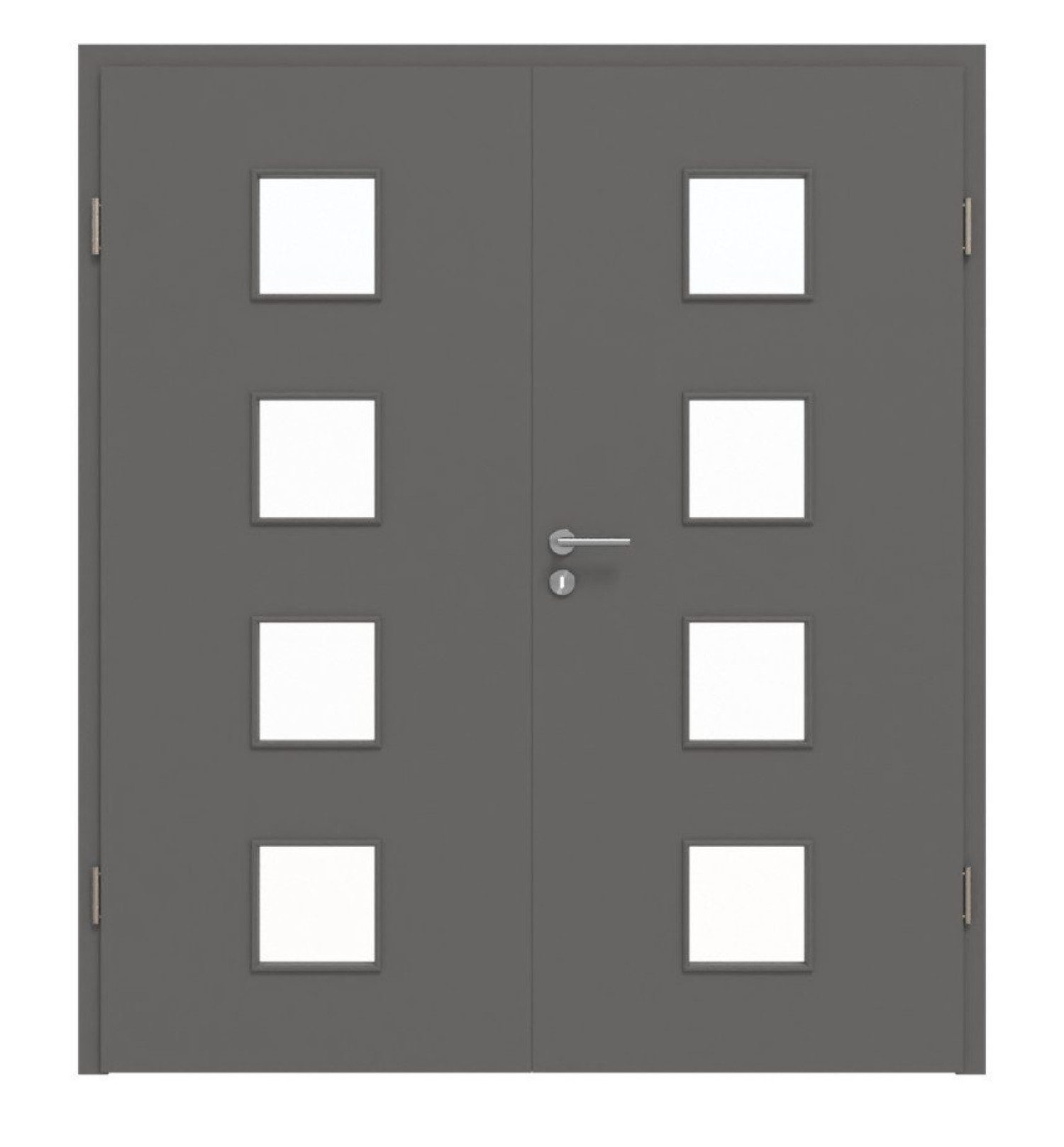 Widok frontowy drzwi podwójnych Huga Hygge szary RAL 7037 Duradecor Basic z przeszkleniem LA 14 z ościeżnicą