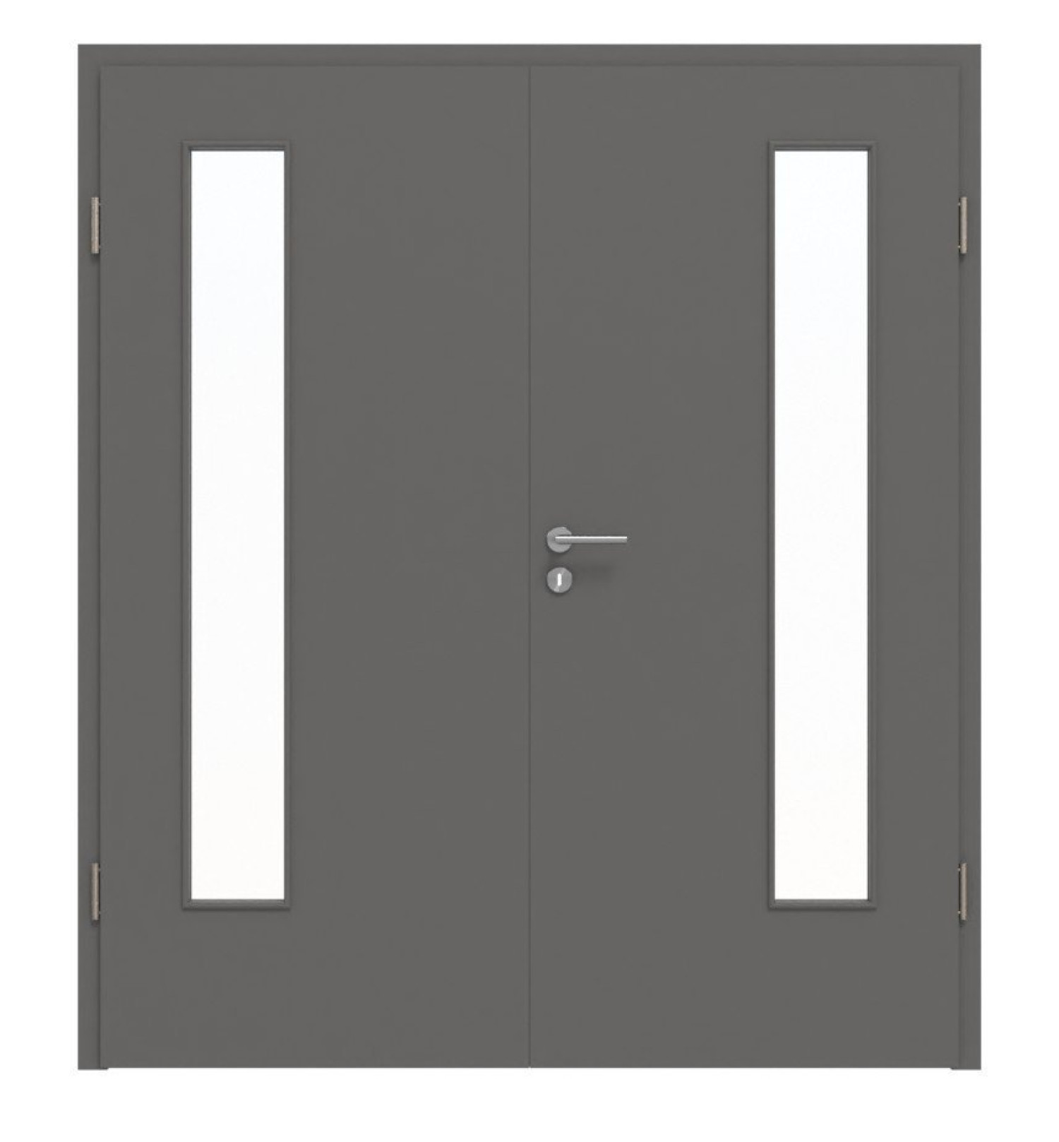 Widok frontowy drzwi podwójnych Huga Hygge szary RAL 7037 lakier podstawowy z przeszkleniem LA-24 po stronie zawiasów z ościeżnicą
