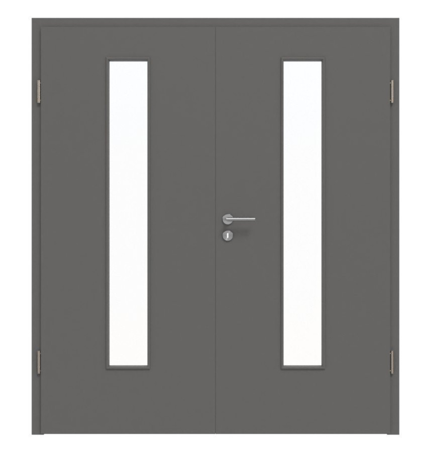 Widok frontowy drzwi podwójnych Huga Hygge szary RAL 7037 lakier podstawowy z przeszkleniem LA-24 na środku z ościeżnicą