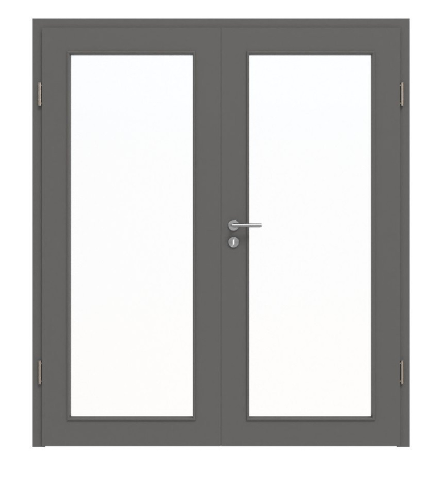 Widok frontowy podwójnych drzwi Huga Hygge szary RAL 7037 lakier podstawowy z przeszkleniem LA-27 z ościeżnicą