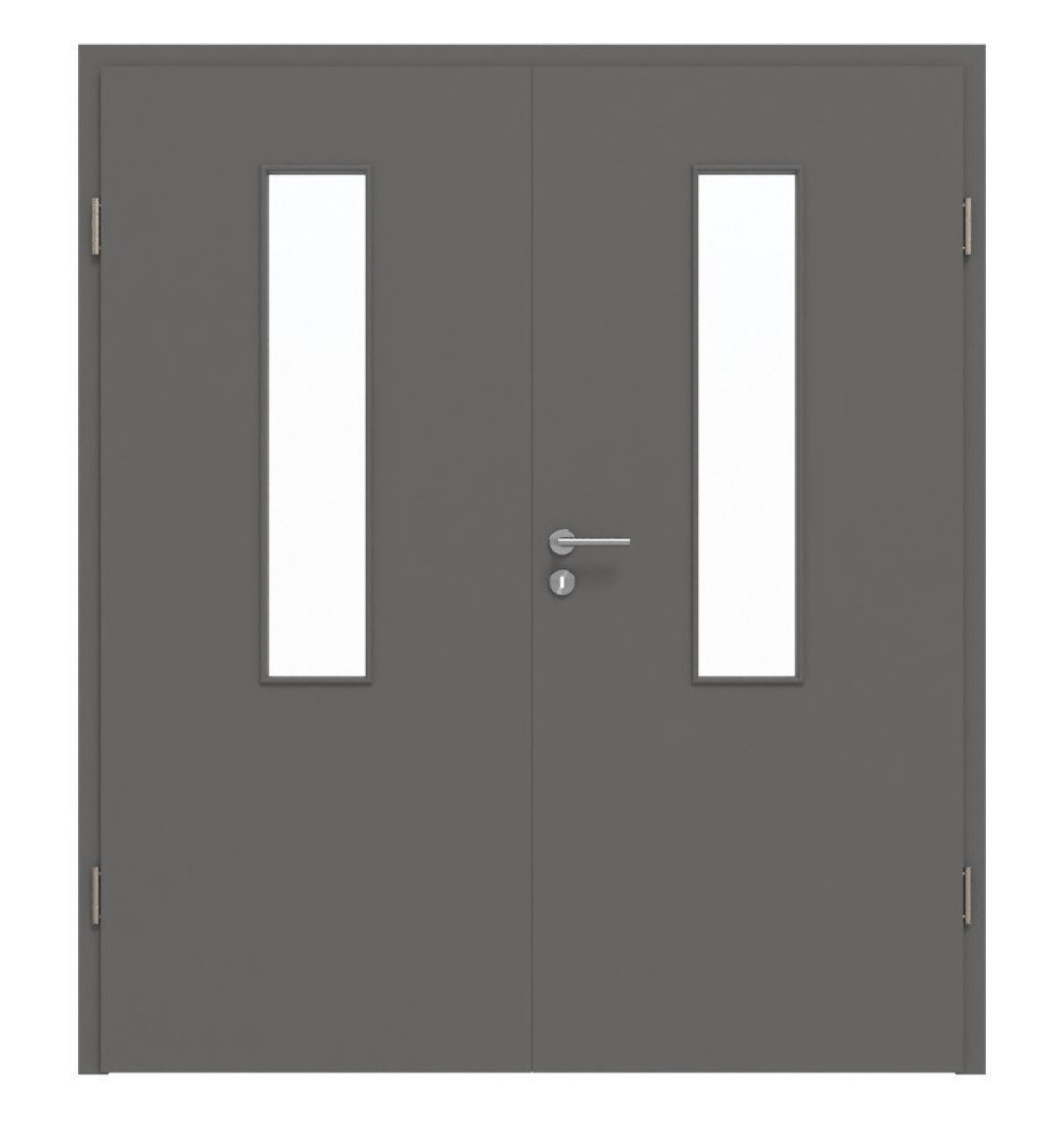 Widok frontowy drzwi podwójnych Huga Hygge szary RAL 7037 Duradecor Basic z przeszkleniem LA 4 na środku z ościeżnicą