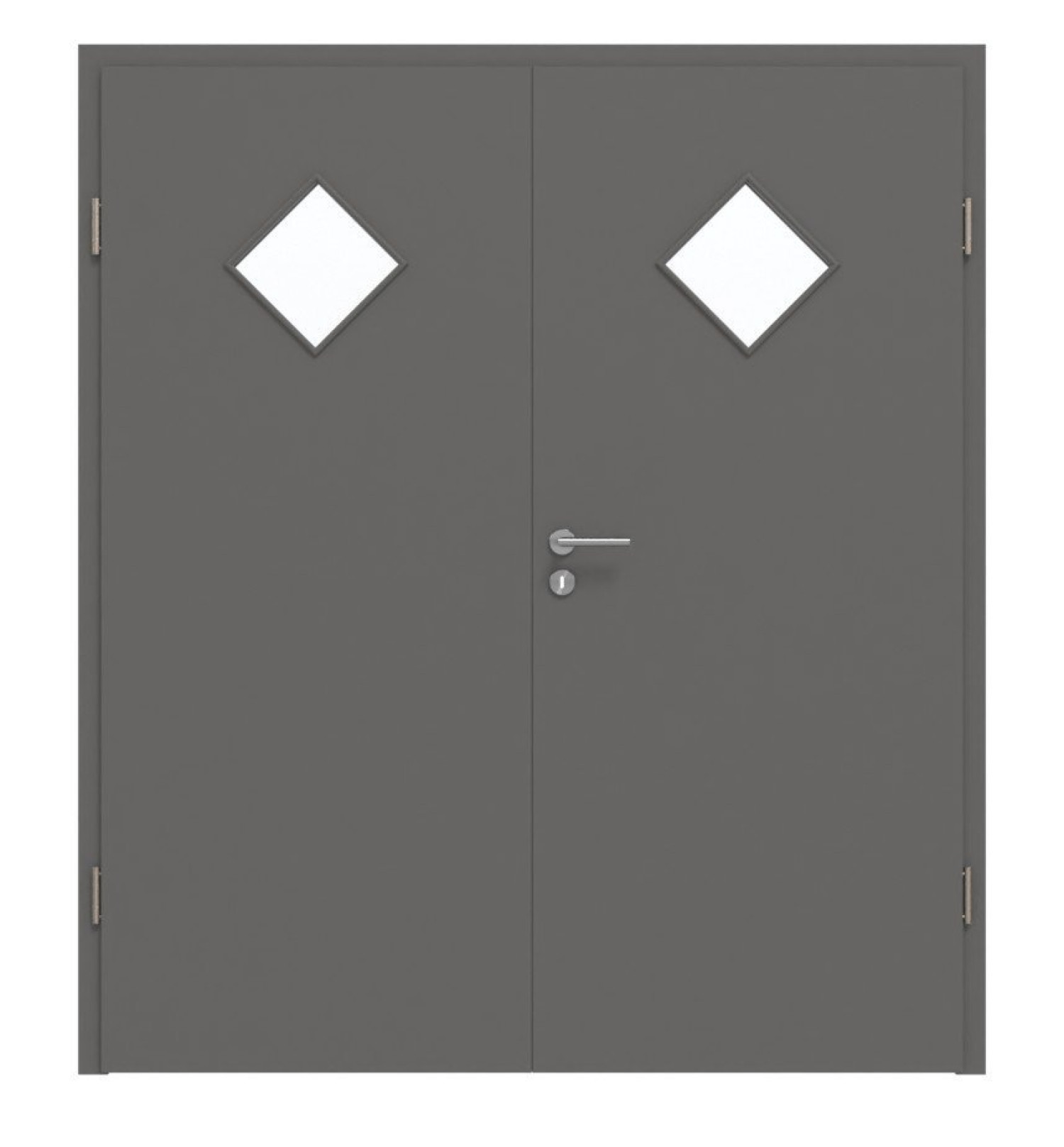 Widok frontowy drzwi podwójnych Huga Hygge szary RAL 7037 Duradecor Basic z przeszkleniem LA 6 w kształcie rombu z ościeżnicą