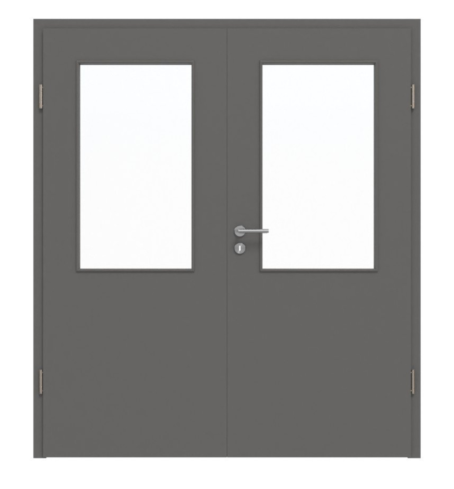 Widok frontowy podwójnych drzwi Huga Hygge szary RAL 7037 lakier podstawowy z przeszkleniem LA-7 z ościeżnicą