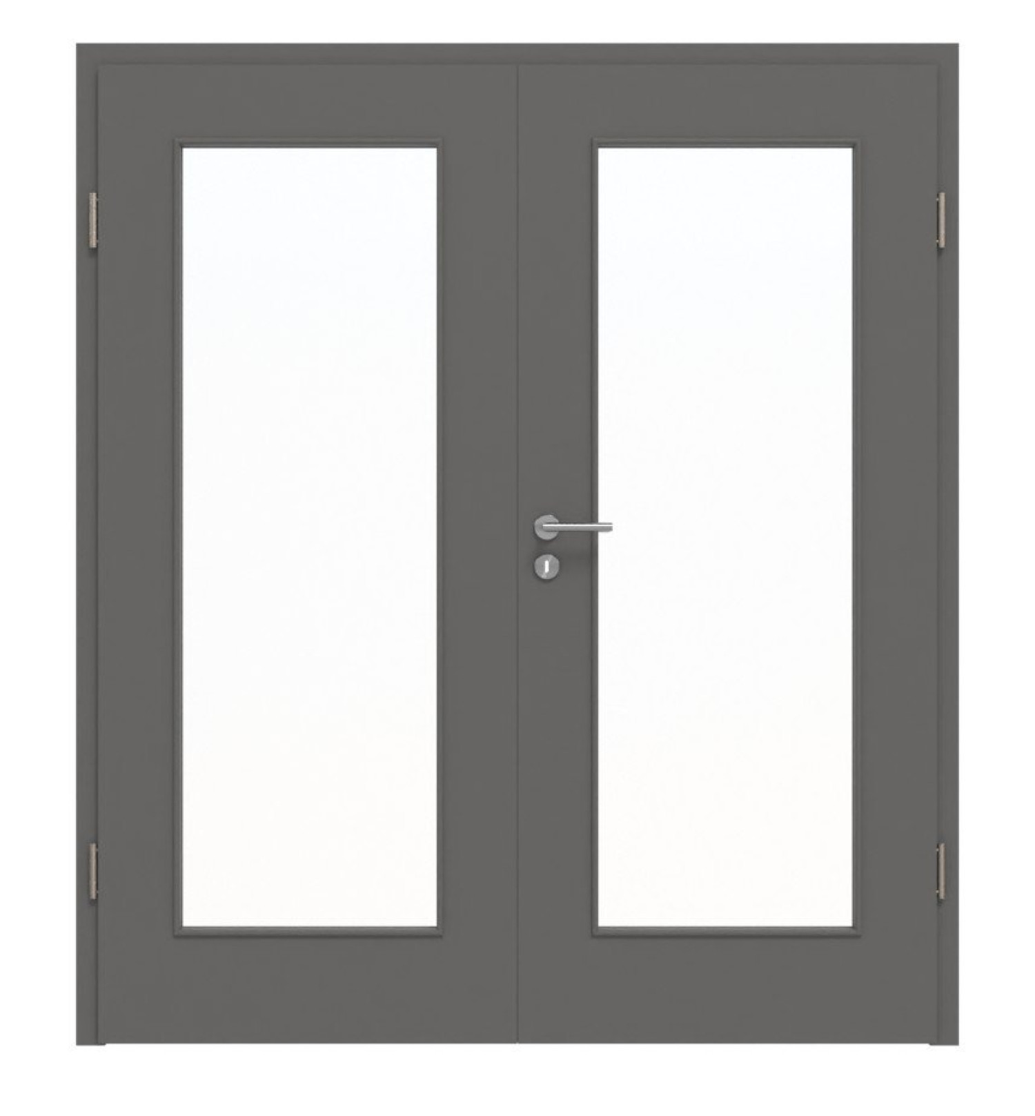 Widok frontowy drzwi podwójnych Huga Hygge szary RAL 7037 Duradecor Basic z przeszkleniem LA 8 z ościeżnicą