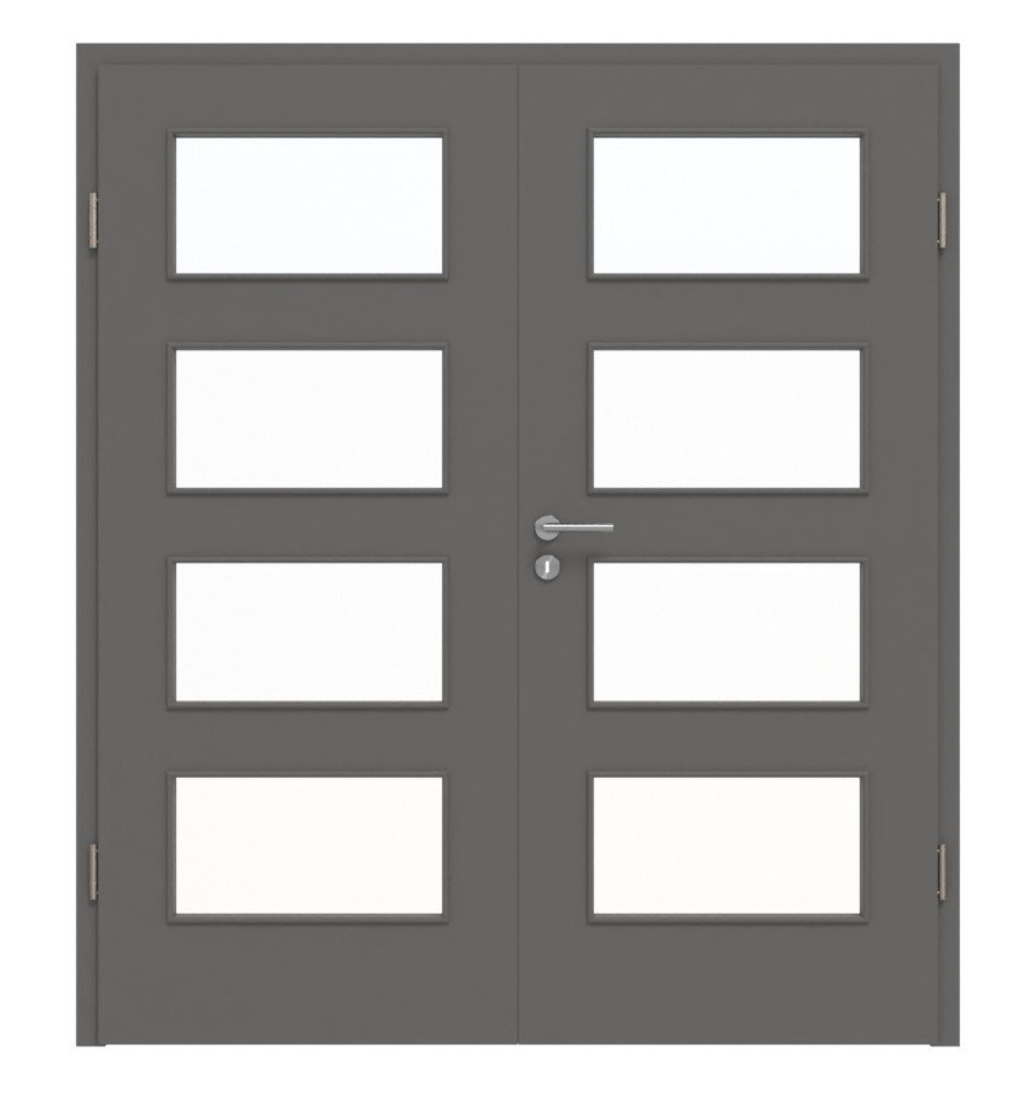 Widok frontowy drzwi podwójnych Huga Hygge szary RAL 7037 Duradecor Basic z przeszkleniem LA 9 z ościeżnicą