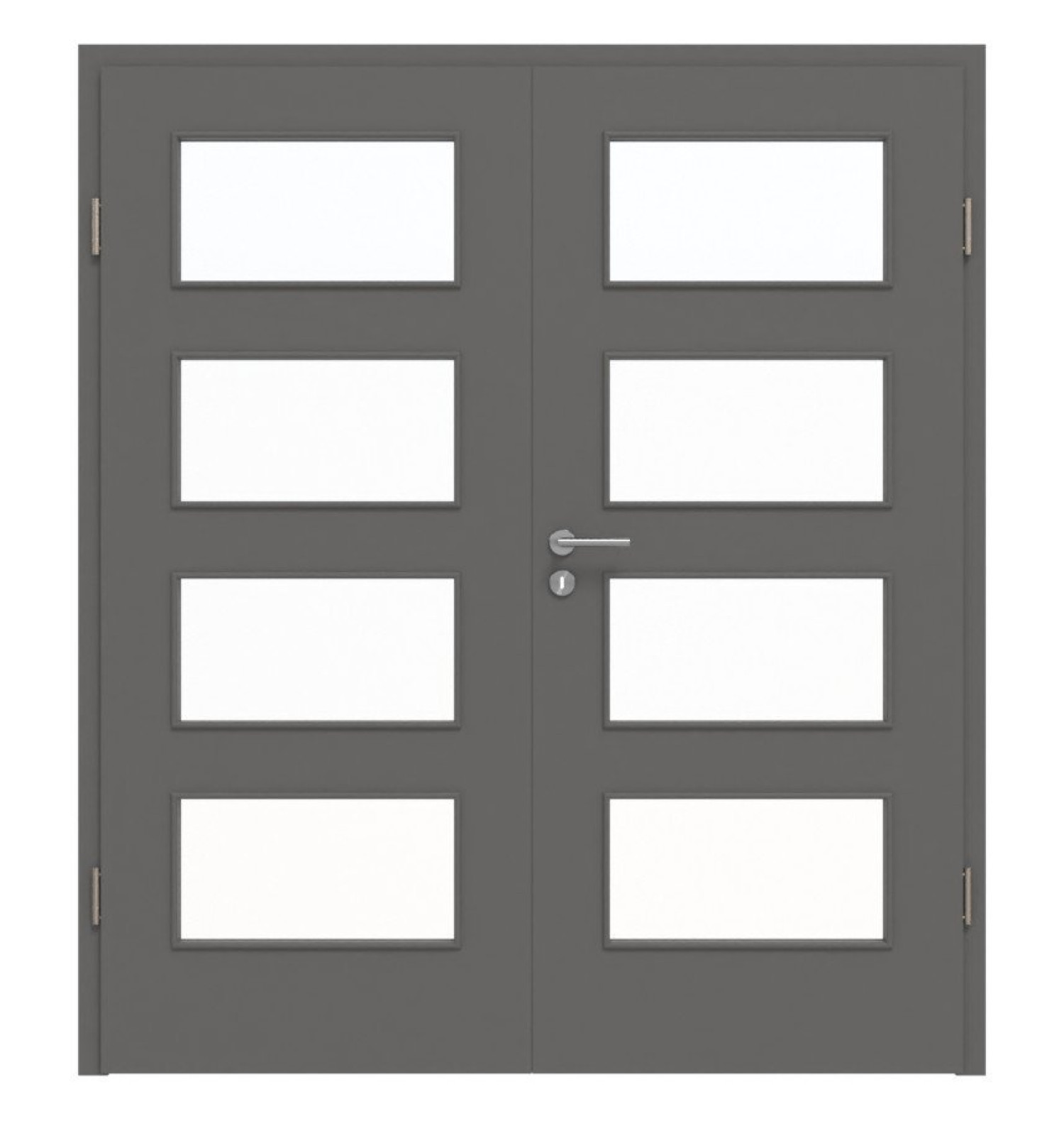 Widok frontowy drzwi podwójnych Huga Hygge szary RAL 7037 lakier podstawowy z przeszkleniem LA-9 z ościeżnicą