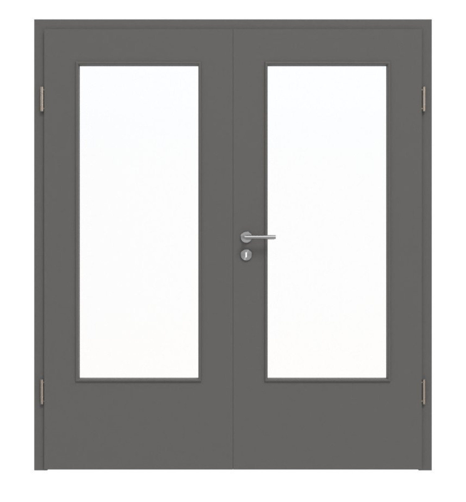 Widok z przodu podwójnych drzwi Huga Hygge szary RAL 7037 lakier podstawowy z przeszkleniem LA-DIN z ościeżnicą