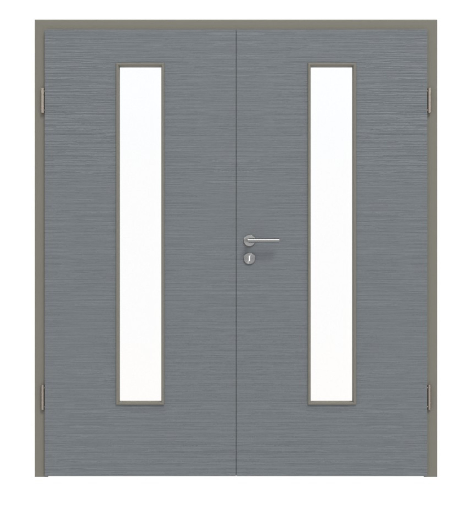 Widok z przodu podwójnych drzwi LA 24 z centralnym wykończeniem Struktura Hygge Szary Basic z ościeżnicą - Huga