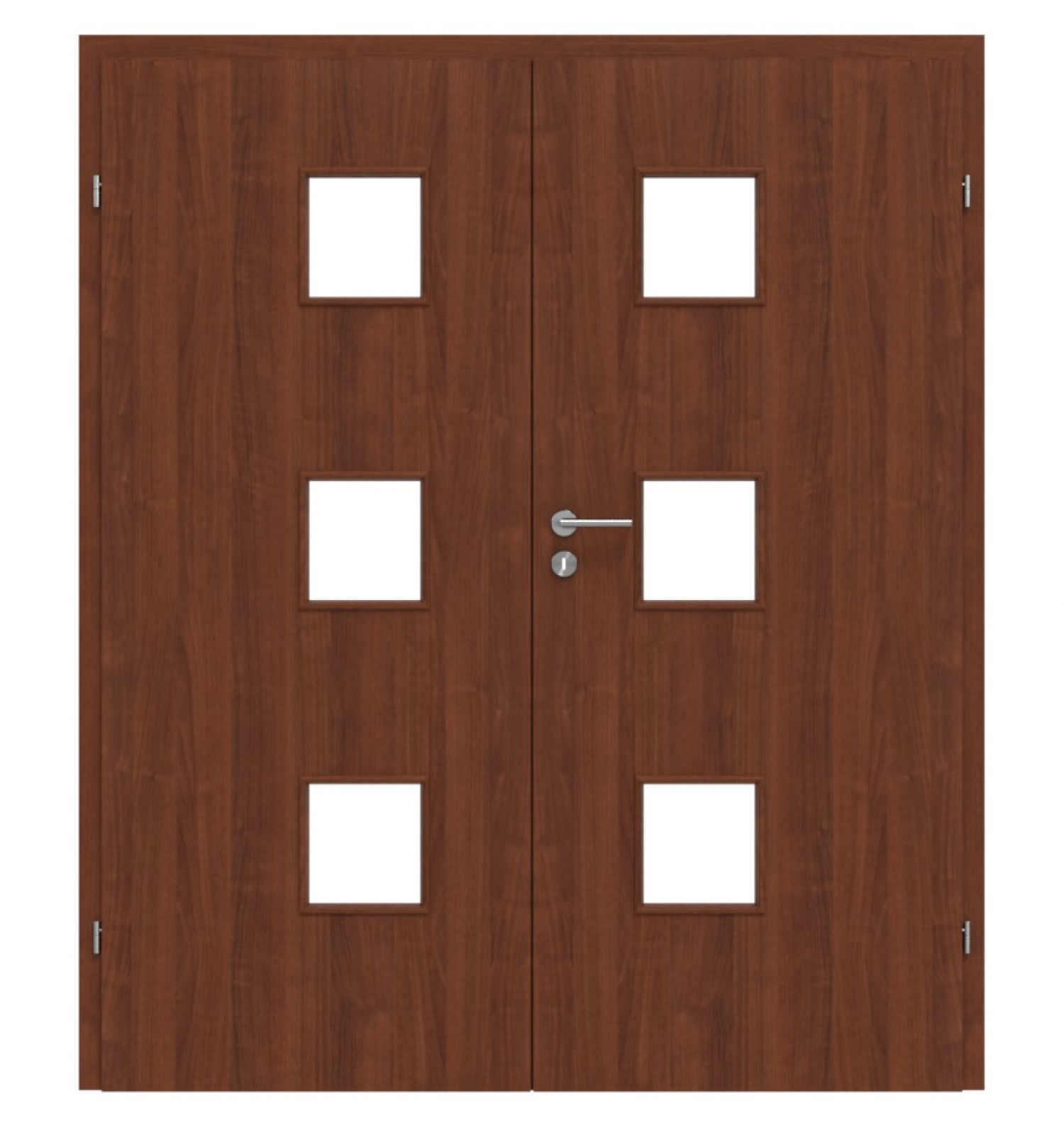 Widok frontowy drzwi podwójnych Dexo M3 orzech Folia dekoracyjna z przeszkleniem i ościeżnicą
