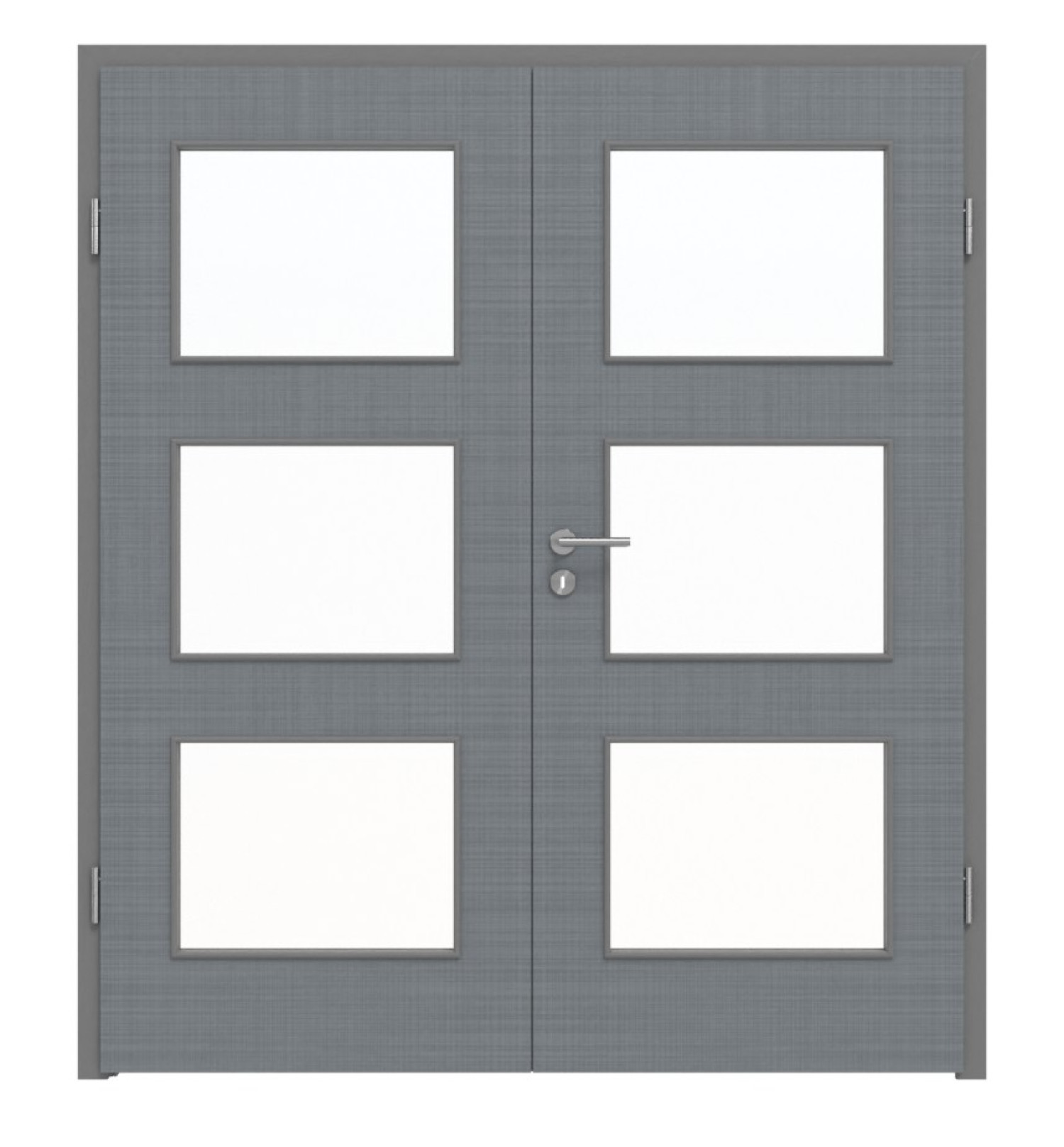 Widok frontowy drzwi podwójnych LEBO Textile Dust Grey podobnych do RAL 7037 Lebosense z przeszkleniem LA 11 w komplecie z ościeżnicą