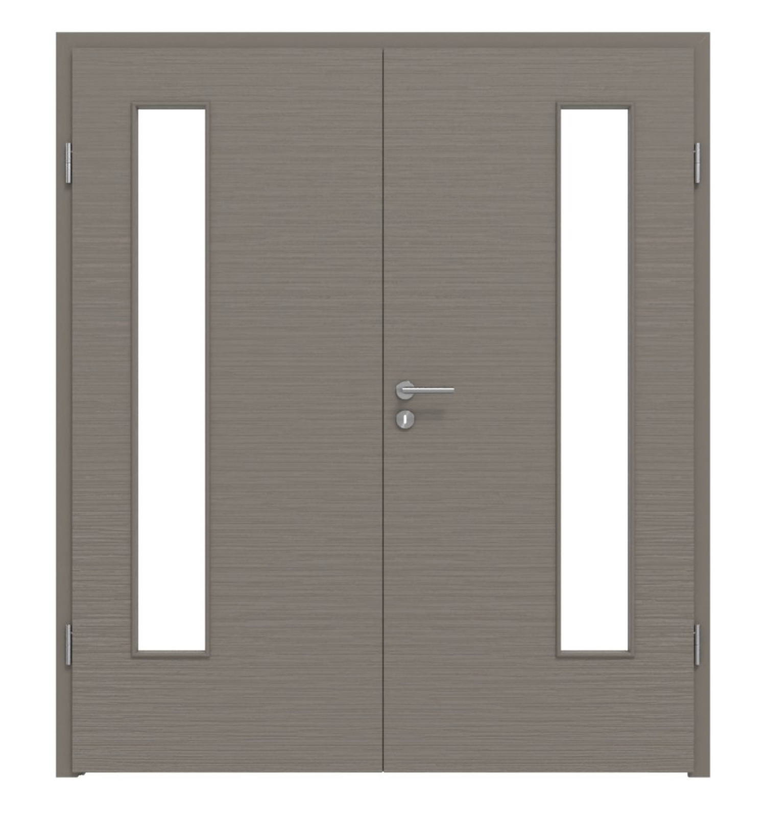 Widok frontowy drzwi podwójnych LEBO Brushed Taupe Lebosense z przeszkleniem LA 24 po stronie zawiasów, w tym ościeżnica