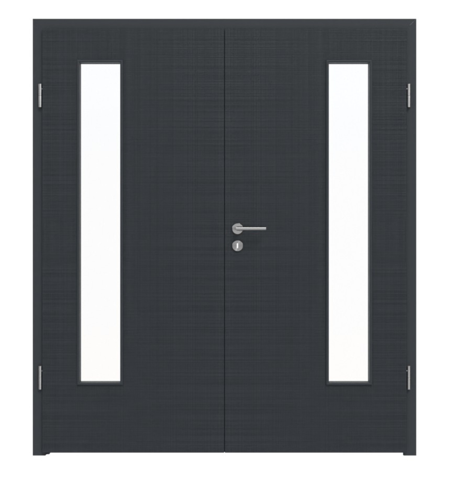 Widok frontowy drzwi podwójnych LEBO Textile Anthrazit podobnych do RAL 7016 Lebosense z przeszkleniem LA 24 po stronie zawiasów, w tym ościeżnica