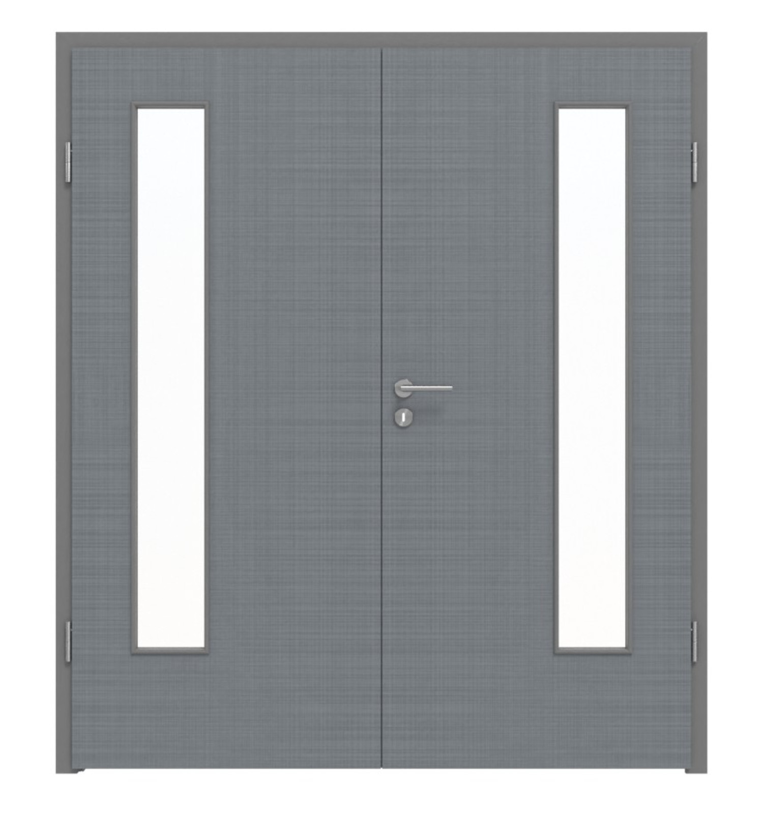 Widok frontowy drzwi podwójnych LEBO Cotton Like Hygge Szary podobny do RAL 7037 wersja z przeszkleniem LA 24 po stronie zawiasów w tym z ościeżnicą