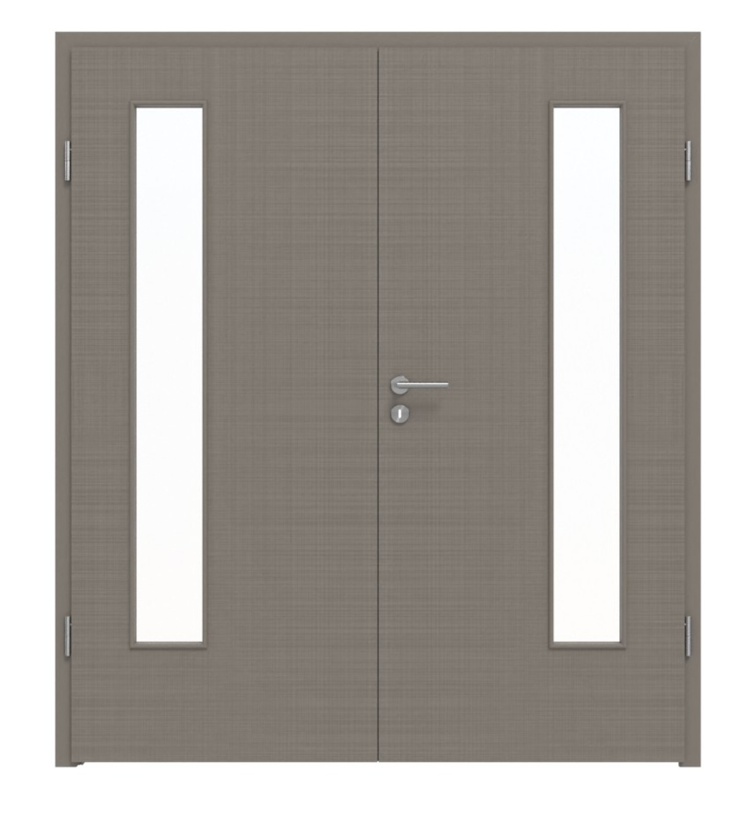 Widok frontowy drzwi podwójnych LEBO Textile Taupe Lebosense z przeszkleniem LA 24 po stronie zawiasów, w tym ościeżnica