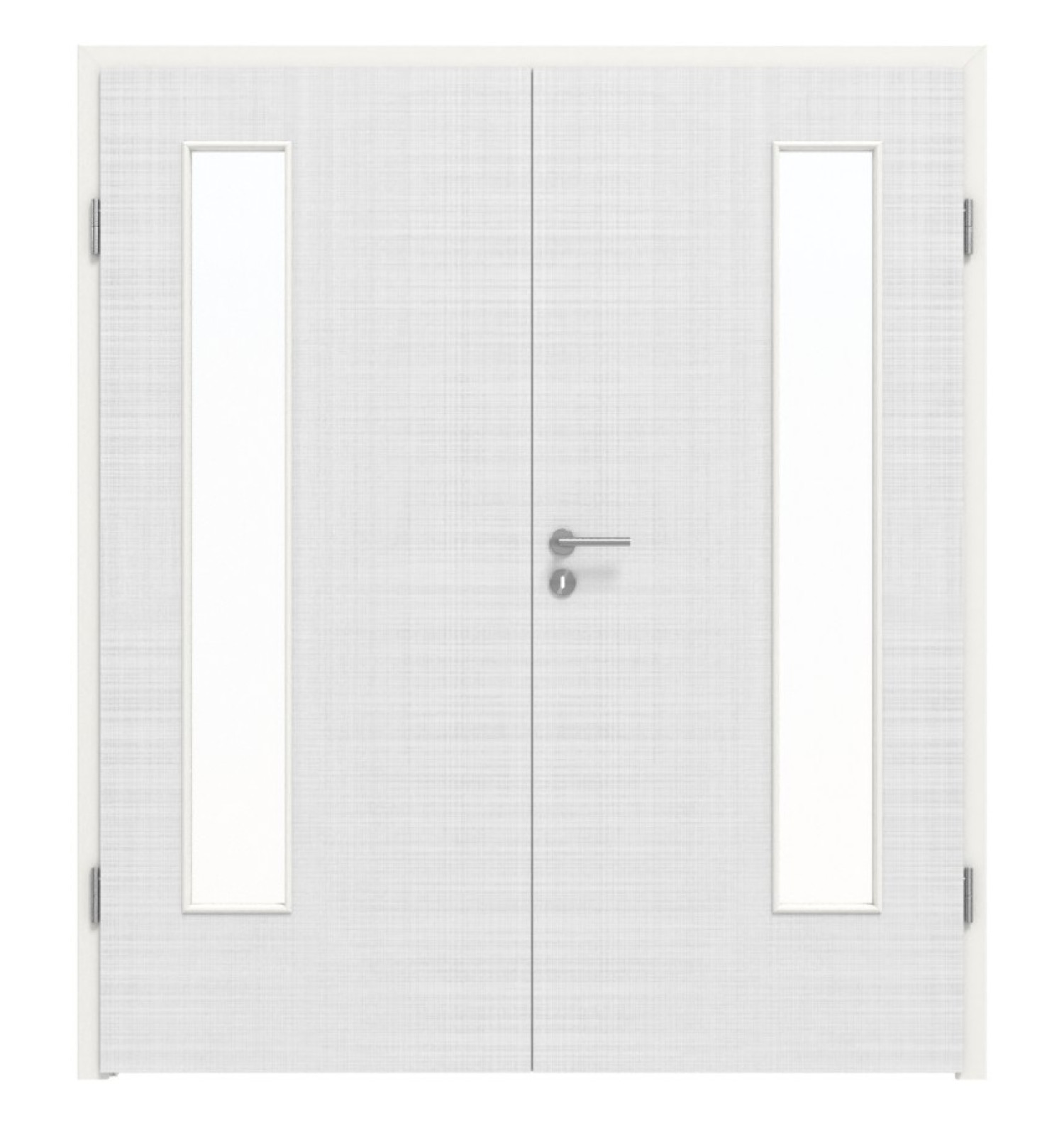 Widok frontowy drzwi podwójnych LEBO Cotton Like Białe podobne do RAL 9016 wersja z przeszkleniem LA 24 po stronie zawiasów z ościeżnicą