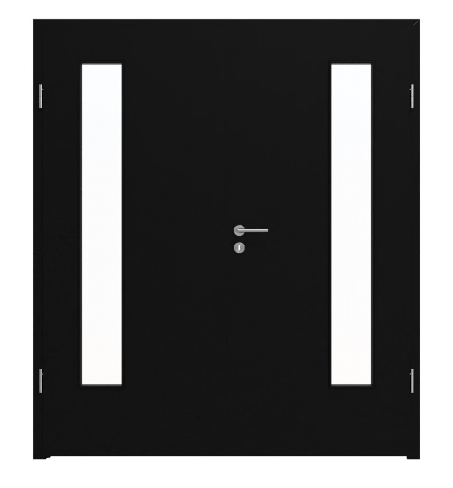Widok frontowy drzwi podwójnych LEBO Ultramat Czarny podobny do RAL 9005 Lebosense z przeszkleniem LA 24 po stronie zawiasów, w tym ościeżnica