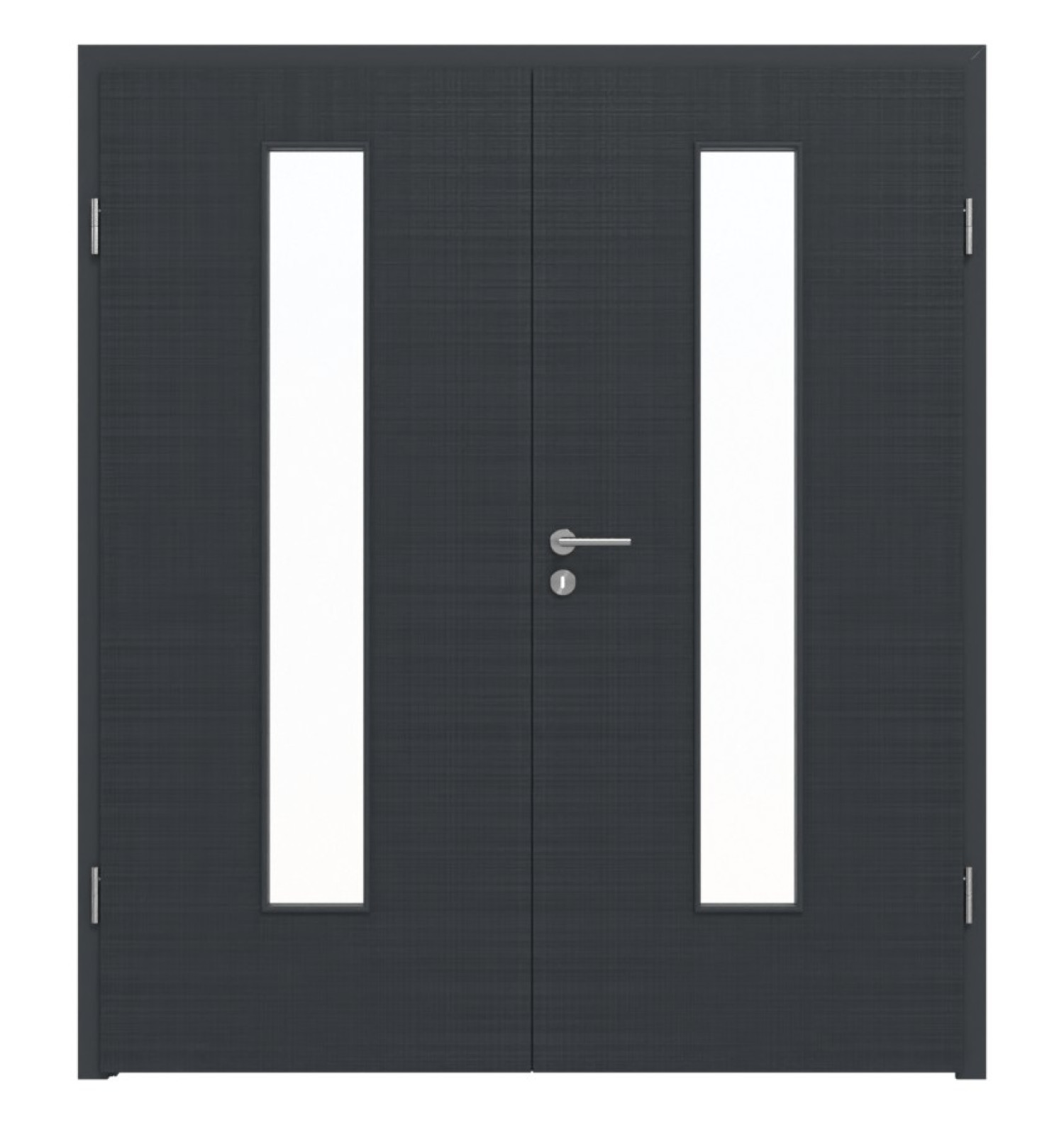 Widok frontowy drzwi podwójnych LEBO Textile Anthrazit podobnych do RAL 7016 Lebosense z przeszkleniem LA 24 na środku, w tym ościeżnica