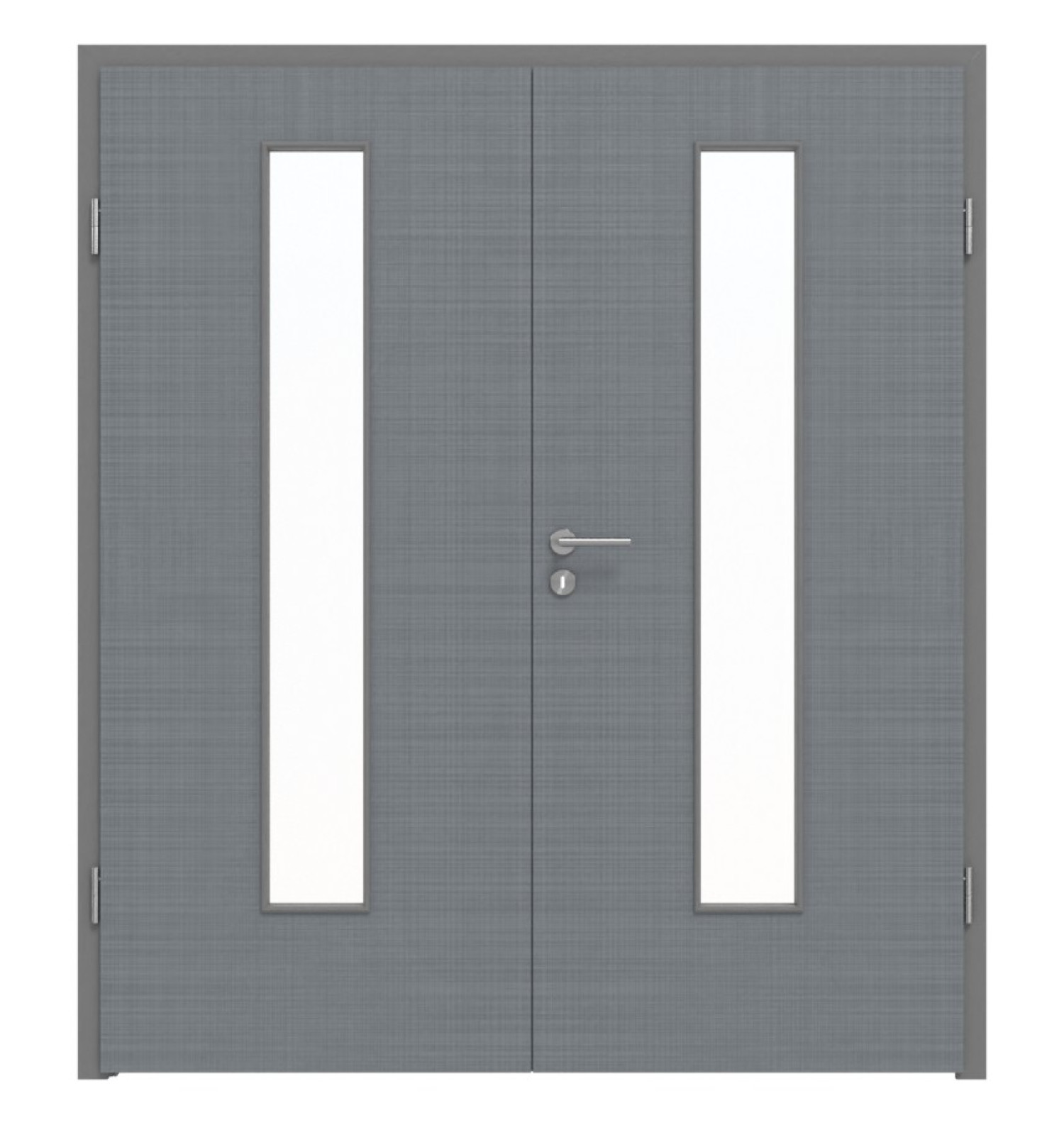 Widok frontowy drzwi podwójnych LEBO Textile w kolorze szaro-stołowym, podobnym do RAL 7037 Lebosense, z oknem LA 24 na środku, w komplecie z ościeżnicą