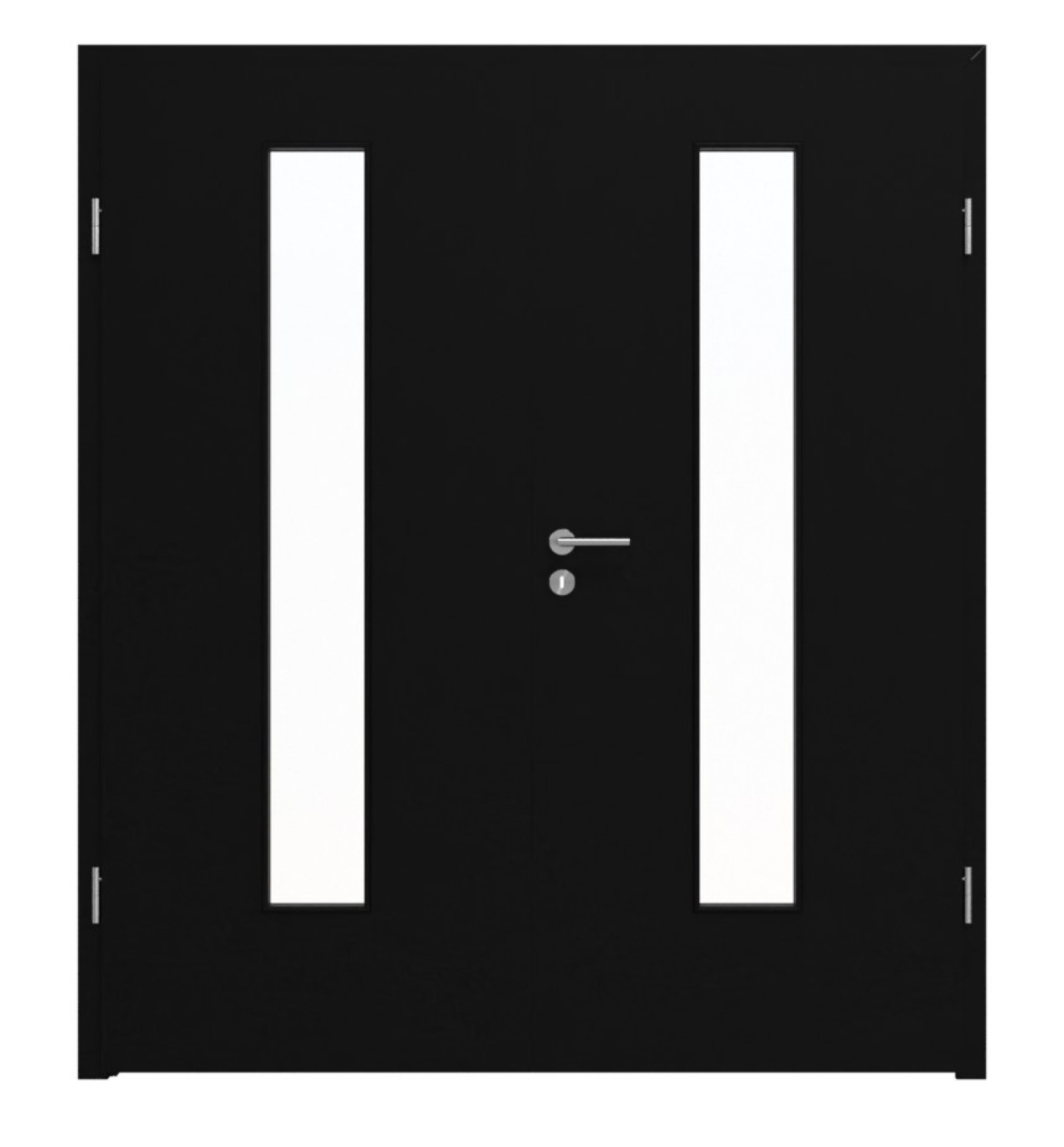 Widok frontowy drzwi podwójnych LEBO Ultramat Czarny podobny do RAL 9005 Lebosense z przeszkleniem LA 24 na środku, w tym ościeżnica