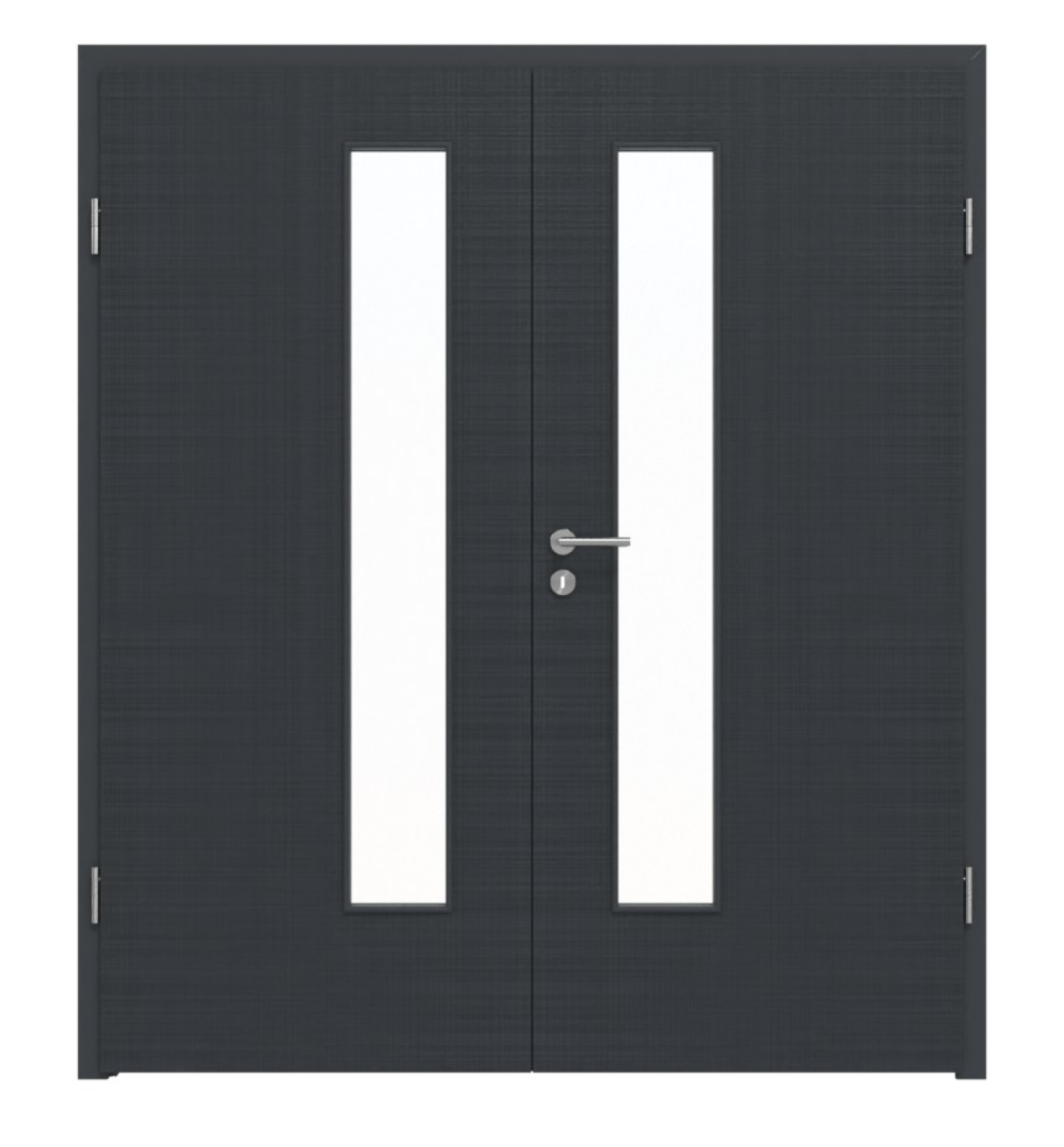 Widok frontowy drzwi podwójnych LEBO Textile Anthrazit podobnych do RAL 7016 Lebosense z przeszkleniem LA 24 po stronie zamka, w tym ościeżnica