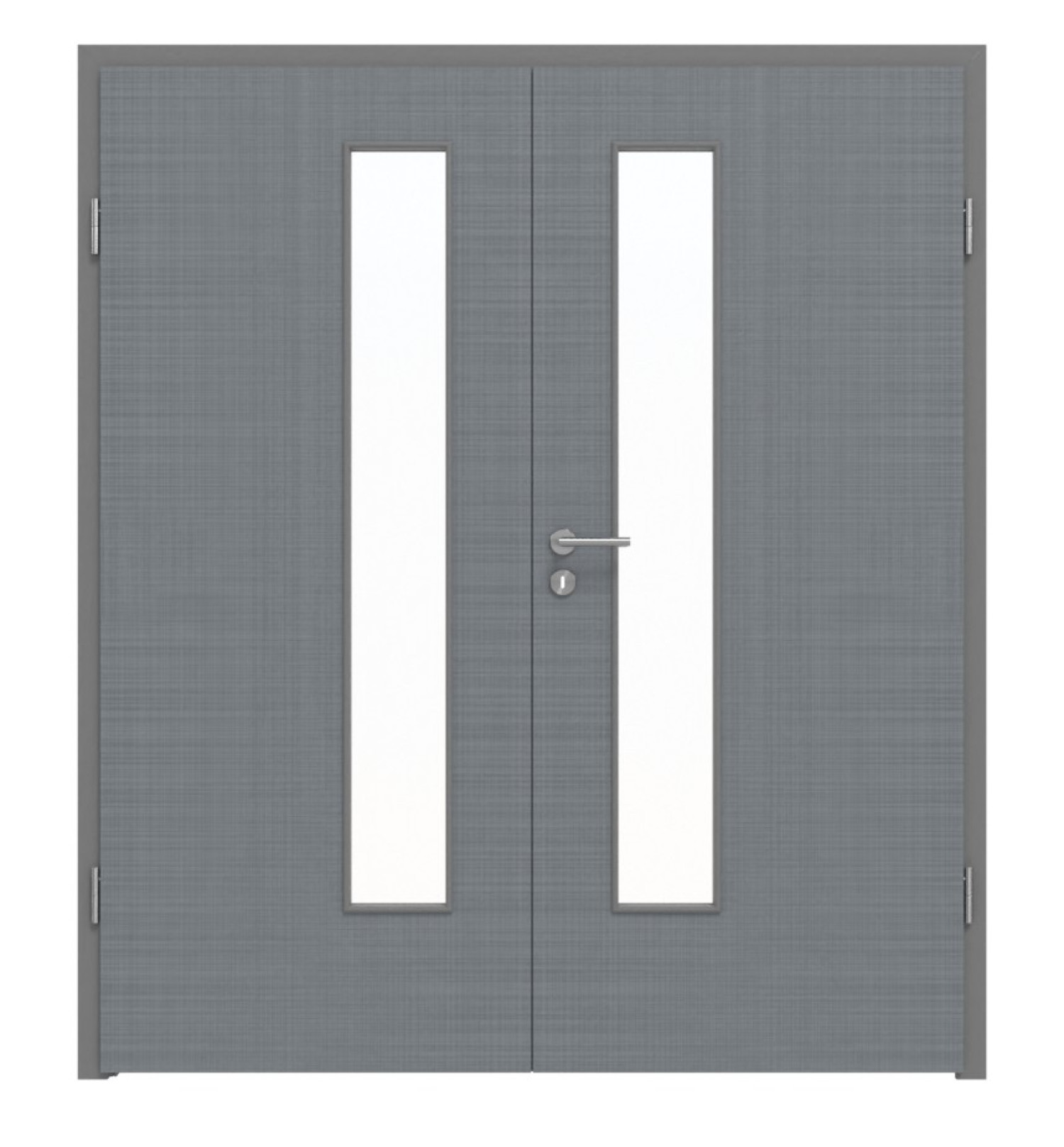 Widok frontowy drzwi podwójnych LEBO Cotton Like Hygge Szary podobny do RAL 7037 wersja z przeszkleniem LA 24 po stronie zamka z ościeżnicą