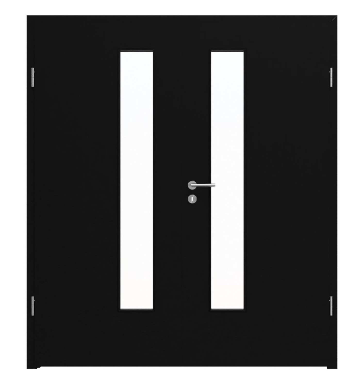 Widok frontowy drzwi podwójnych LEBO Ultramat Czarny podobny do RAL 9005 Lebosense z przeszkleniem LA 24 po stronie zamka, w tym ościeżnica