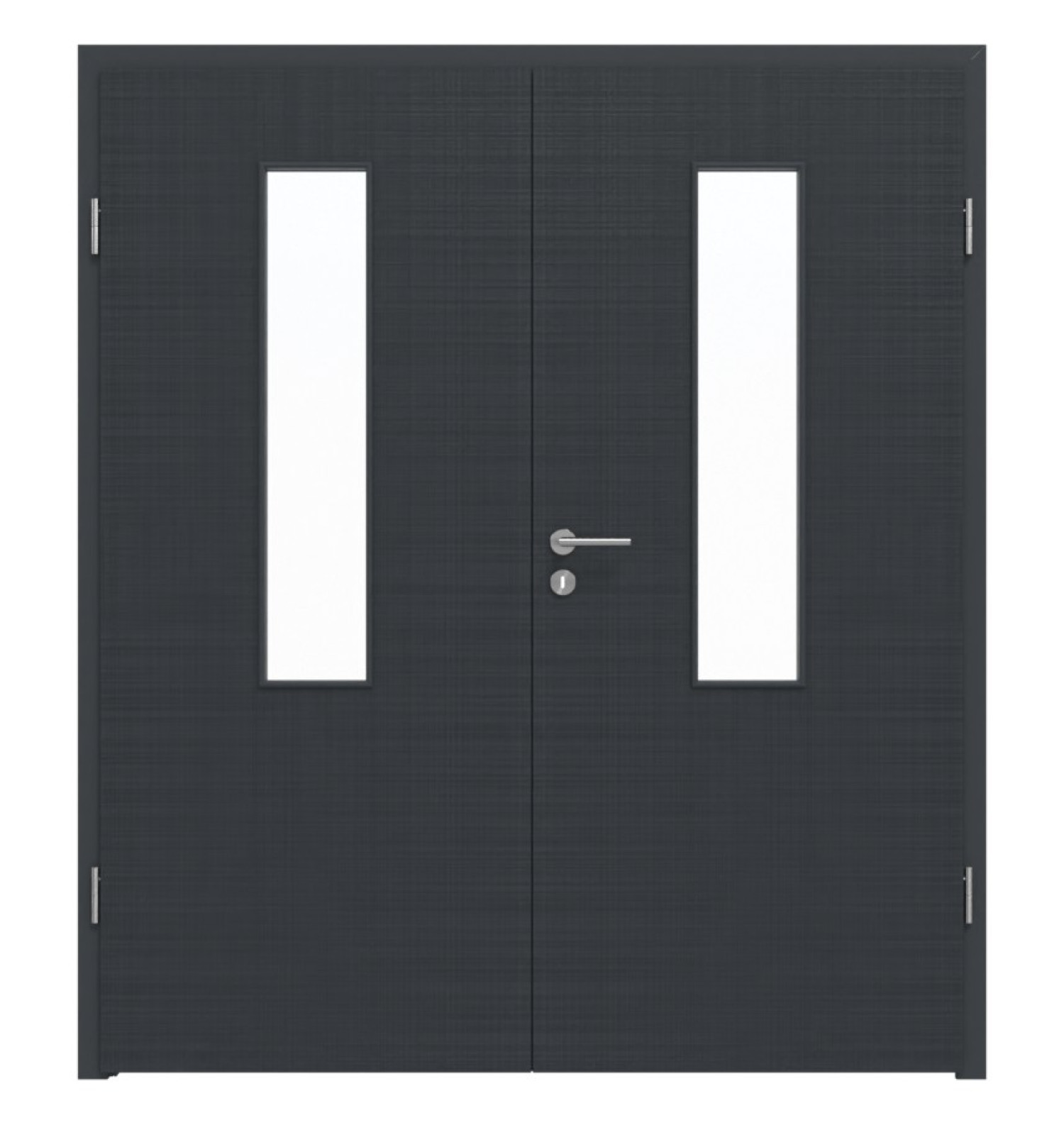 Widok frontowy drzwi podwójnych LEBO Textile Anthrazit podobnych do RAL 7016 Lebosense z oknem LA 4 na środku, w tym ościeżnica