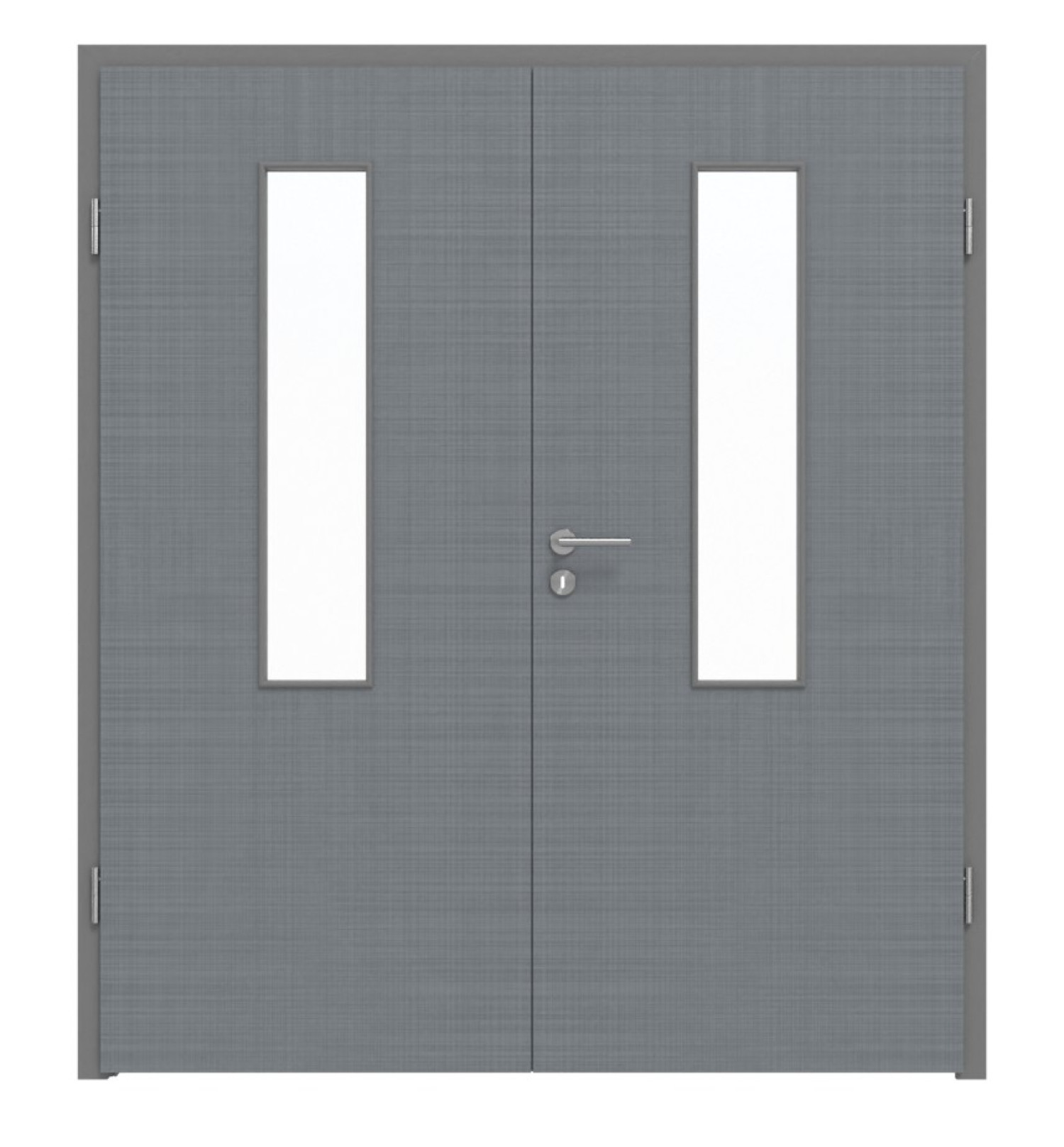 Widok frontowy drzwi podwójnych LEBO Textile Staubgrau podobnych do RAL 7037 Lebosense z przeszkleniem LA 4 na środku, w tym ościeżnica