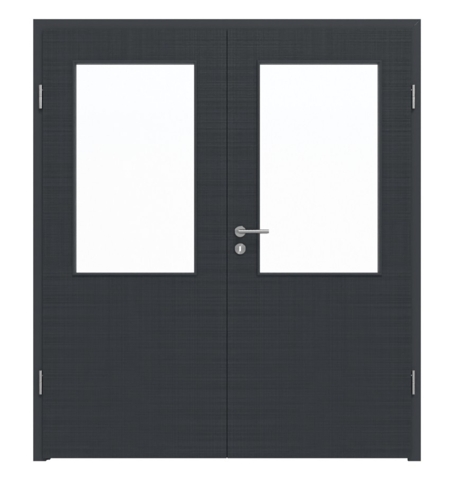Widok frontowy drzwi podwójnych LEBO Textile Anthrazit podobnych do RAL 7016 Lebosense z przeszkleniem LA 7 w komplecie z ościeżnicą