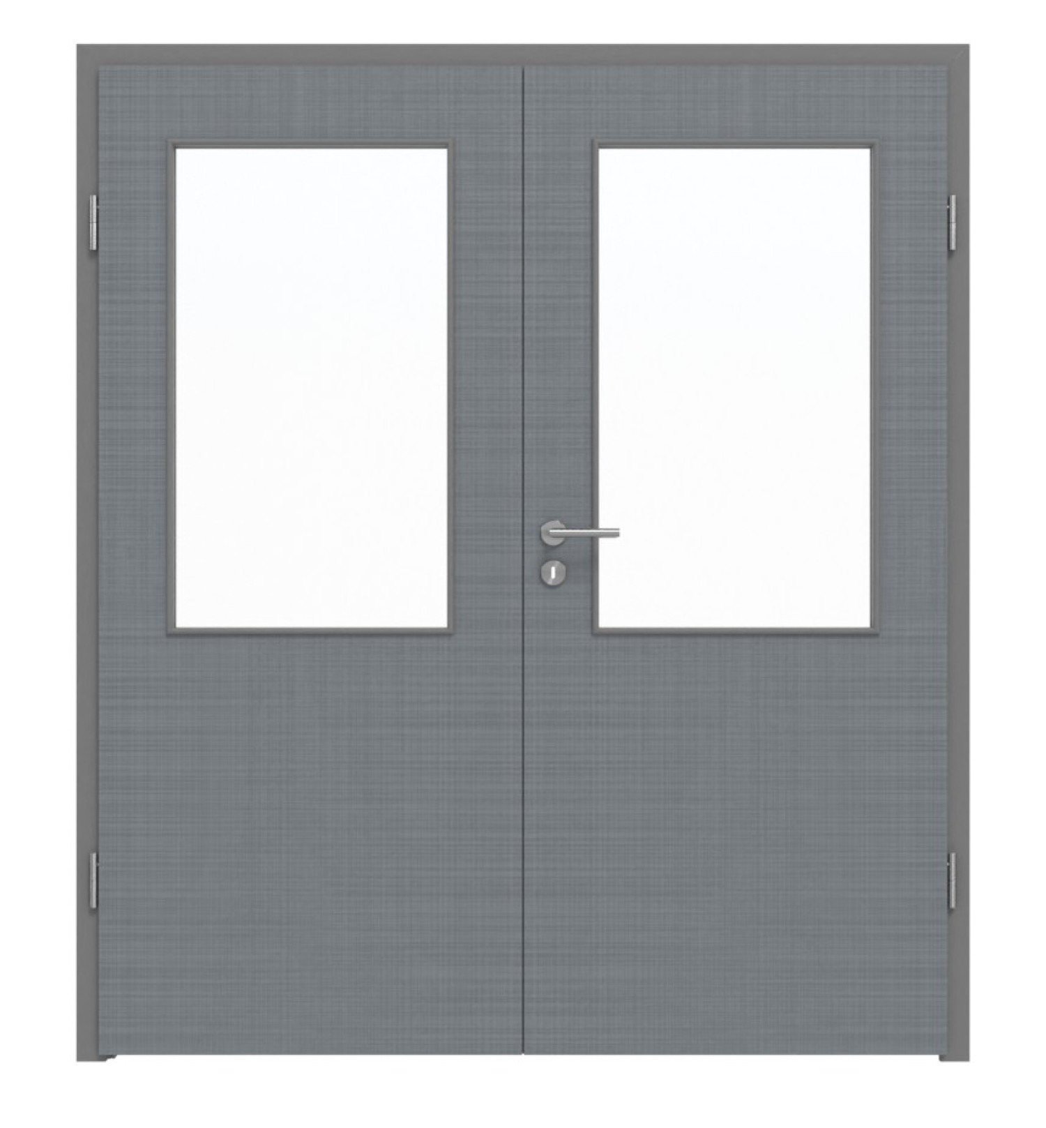 Widok z przodu podwójnych drzwi LEBO Textile w kolorze szarym podobnym do RAL 7037 Lebosense z przeszkleniem LA 7 w komplecie z ościeżnicą