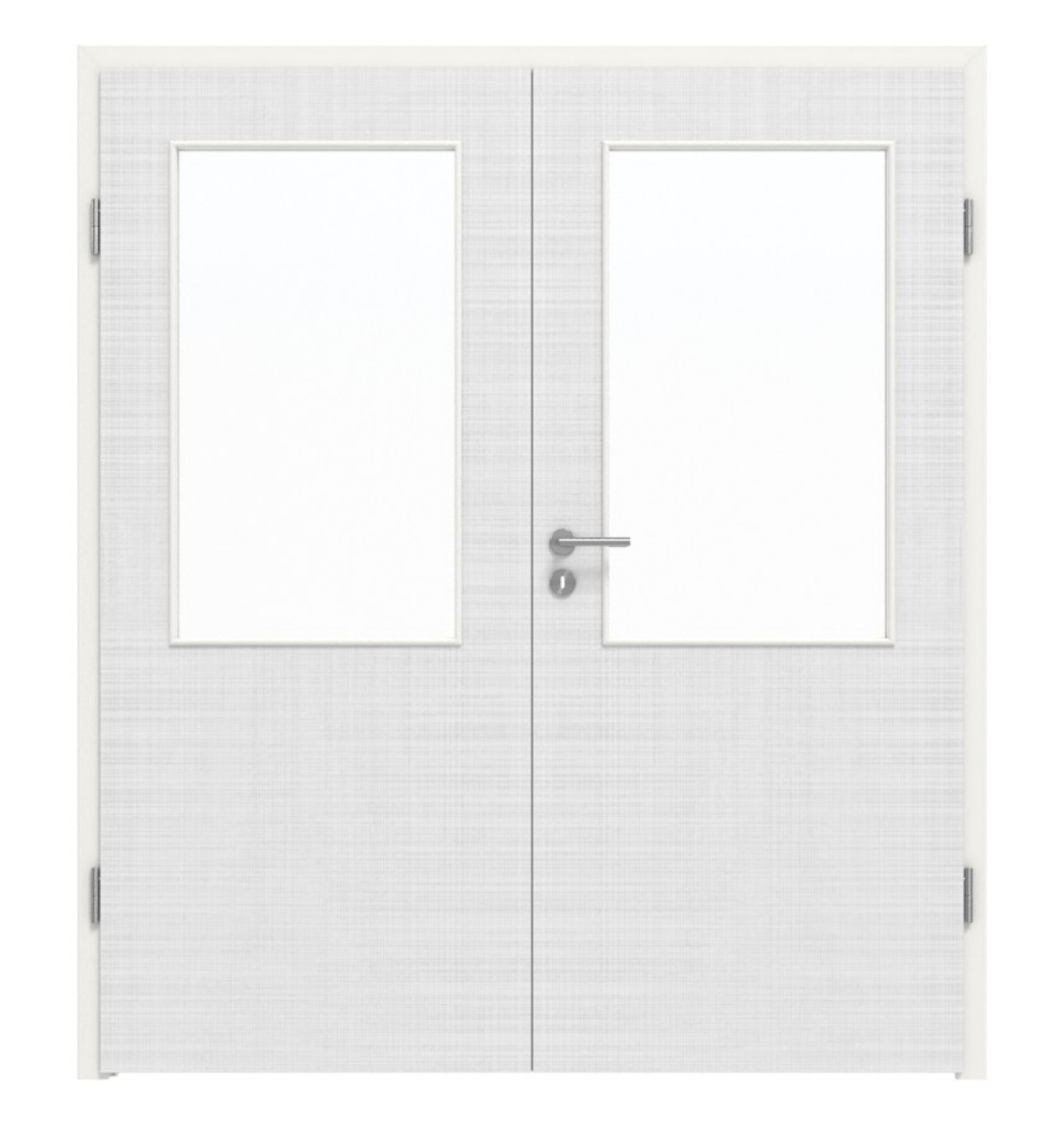 Widok frontowy drzwi podwójnych LEBO Cotton Like Białe podobne do RAL 9016 Wersja z przeszkleniem LA 7 w komplecie z ościeżnicą