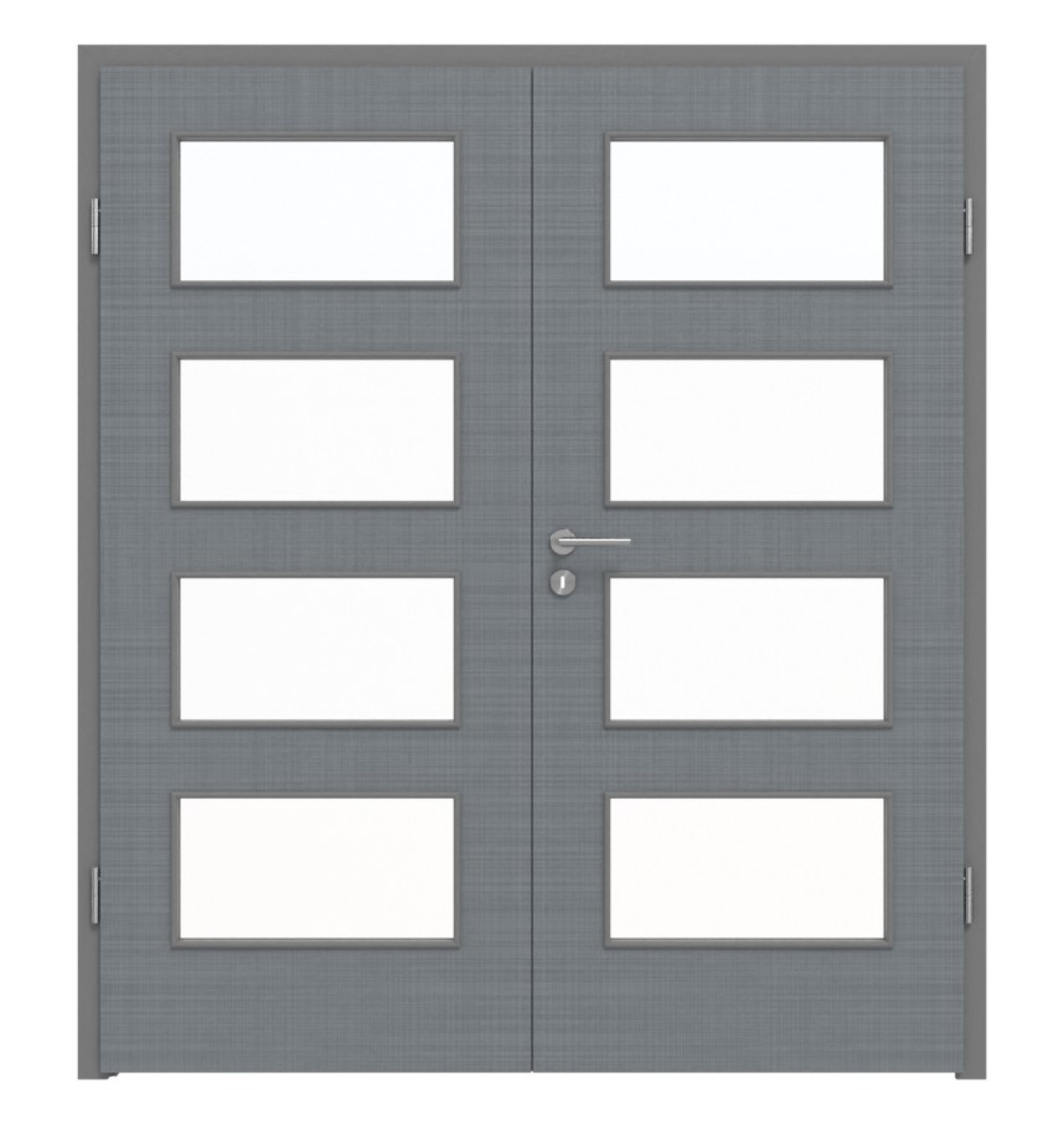 Widok z przodu podwójnych drzwi LEBO w kolorze tekstylnym szarym, podobnym do RAL 7037 Lebosense z przeszkleniem LA 9, w tym ościeżnica