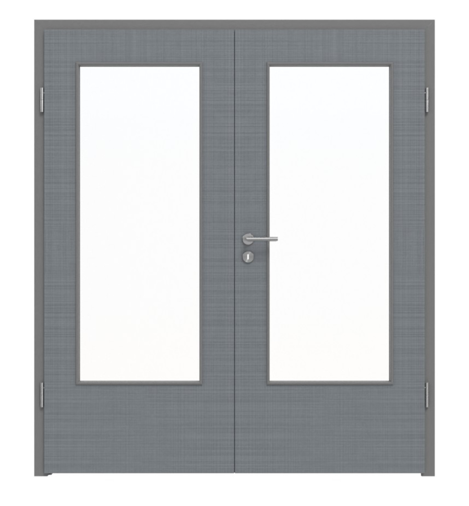 Widok frontowy drzwi podwójnych LEBO Textile w kolorze szarym podobnym do RAL 7037 Lebosense z przeszkleniem LA-DIN w komplecie z ościeżnicą