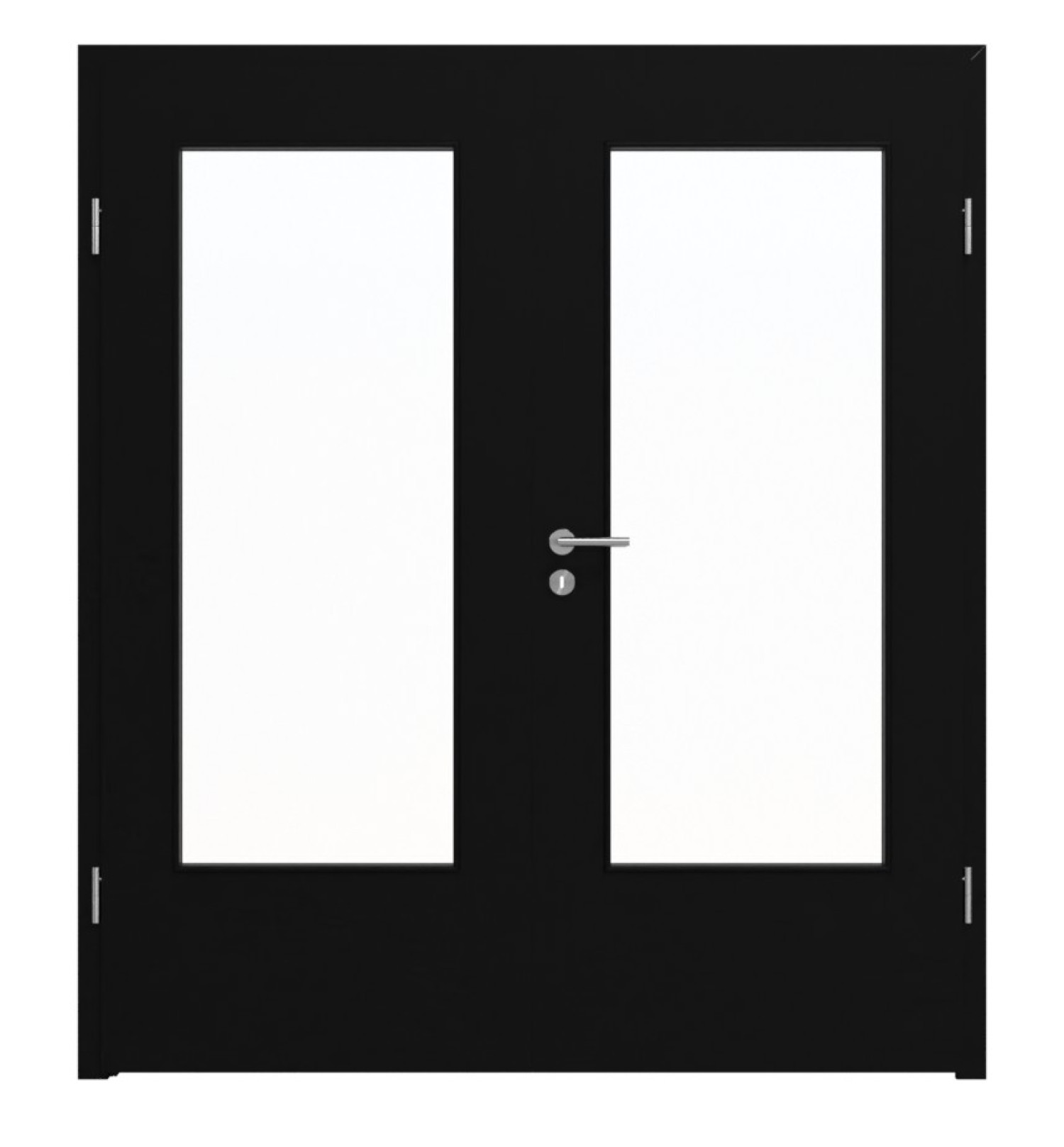 Widok frontowy drzwi podwójnych LEBO Ultramat Czarny podobny do RAL 9005 Lebosense z przeszkleniem LA-DIN w komplecie z ościeżnicą