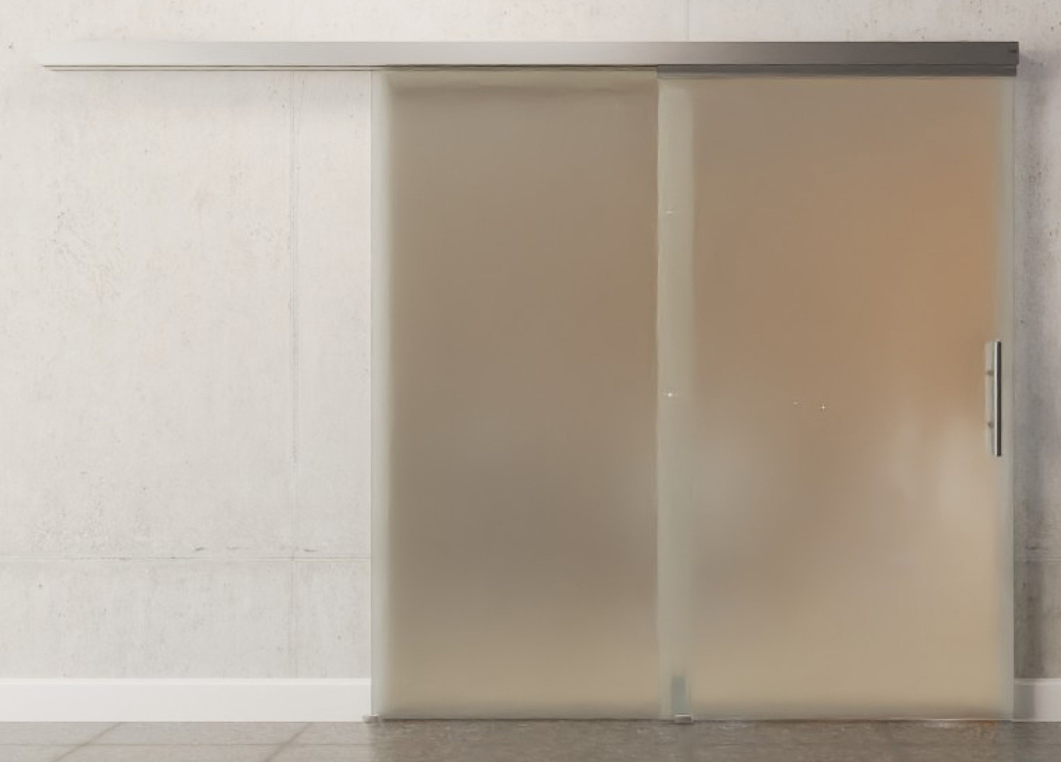 Front view of fully matte 2-leaf glass sliding door DORMA MUTO telescopic variant 1 - Erkelenz