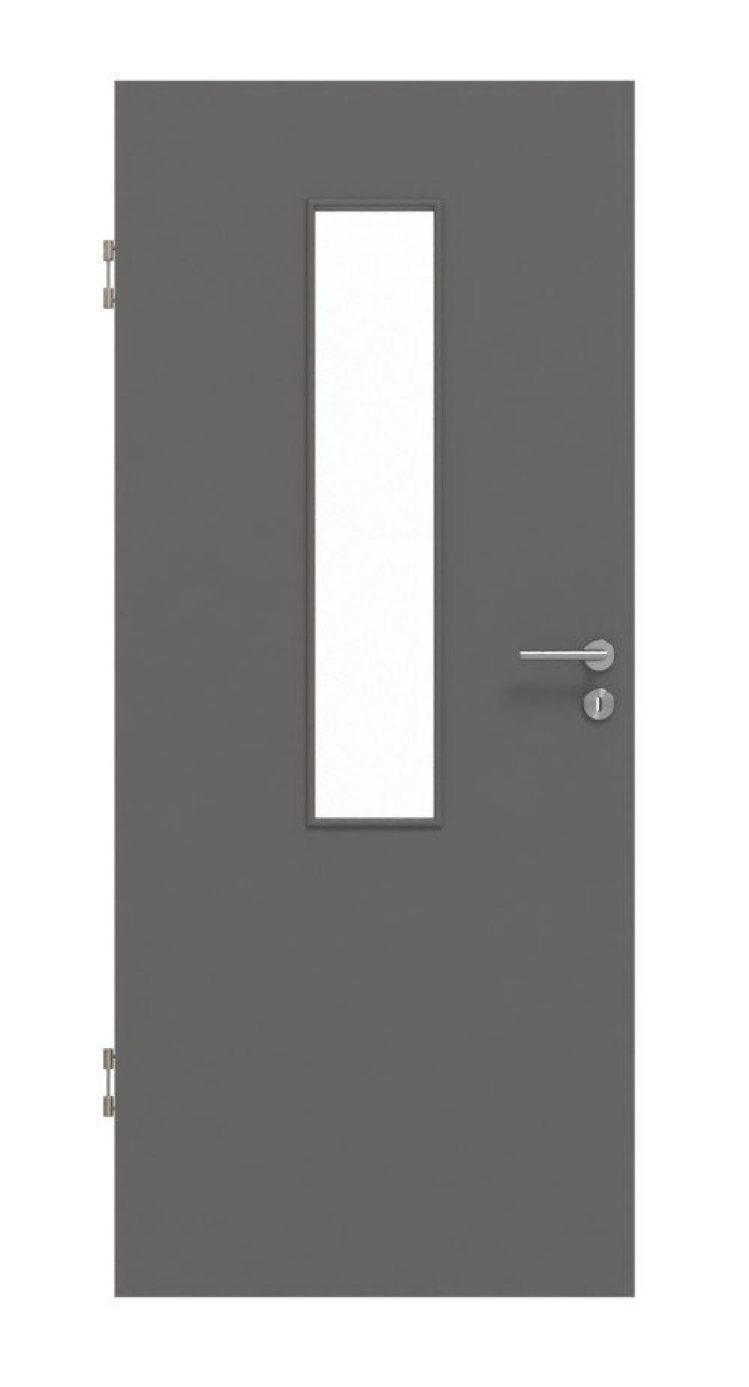 Frontansicht drzwi wewnętrznych Huga Hygge szare RAL 7037 Duradecor Basic z przeszkleniem LA 4 na środku