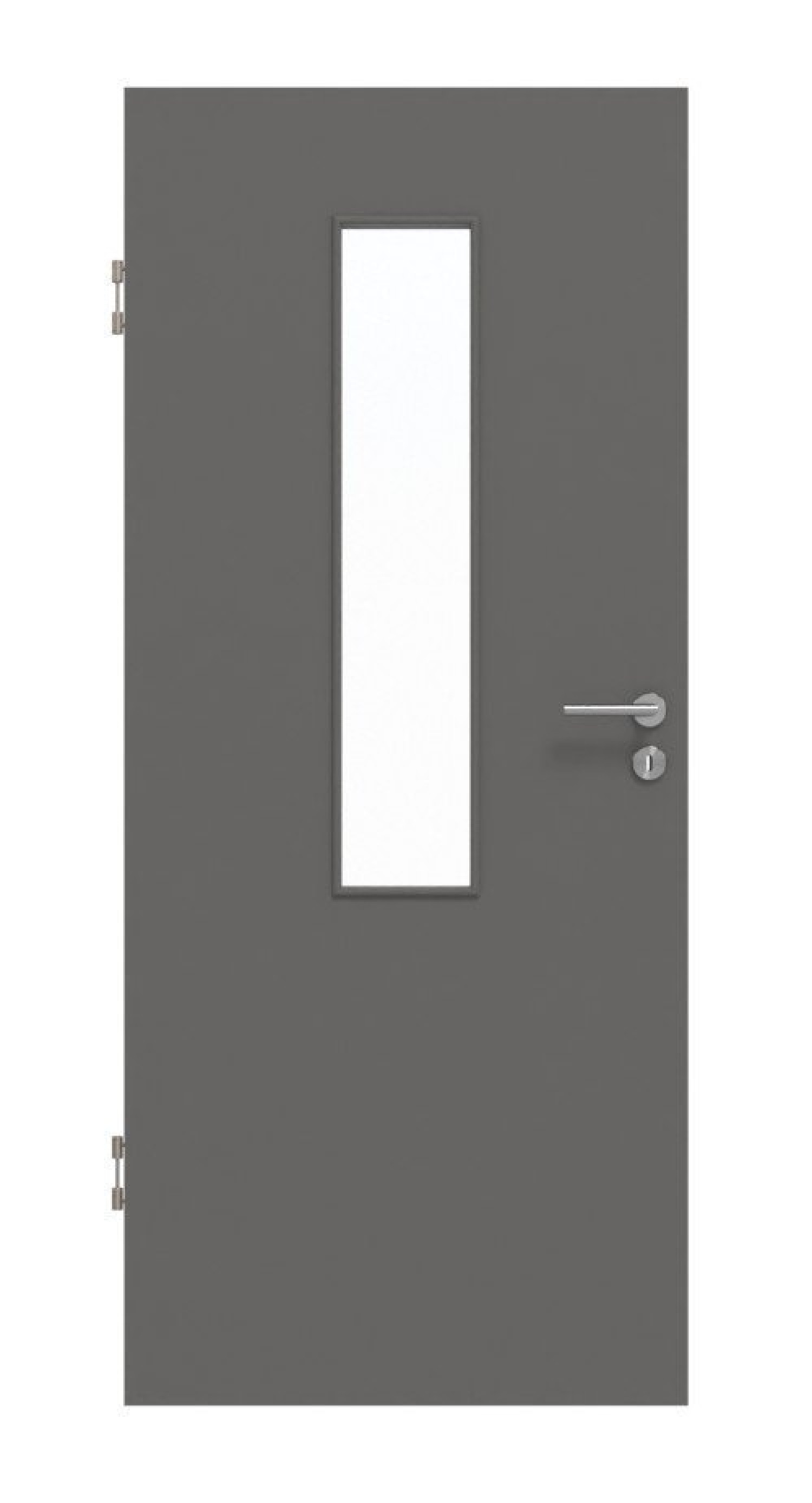 Frontansicht drzwi wewnętrznych Huga Hygge szare RAL 7037 lakier Basic z przeszkleniem LA-4 na środku