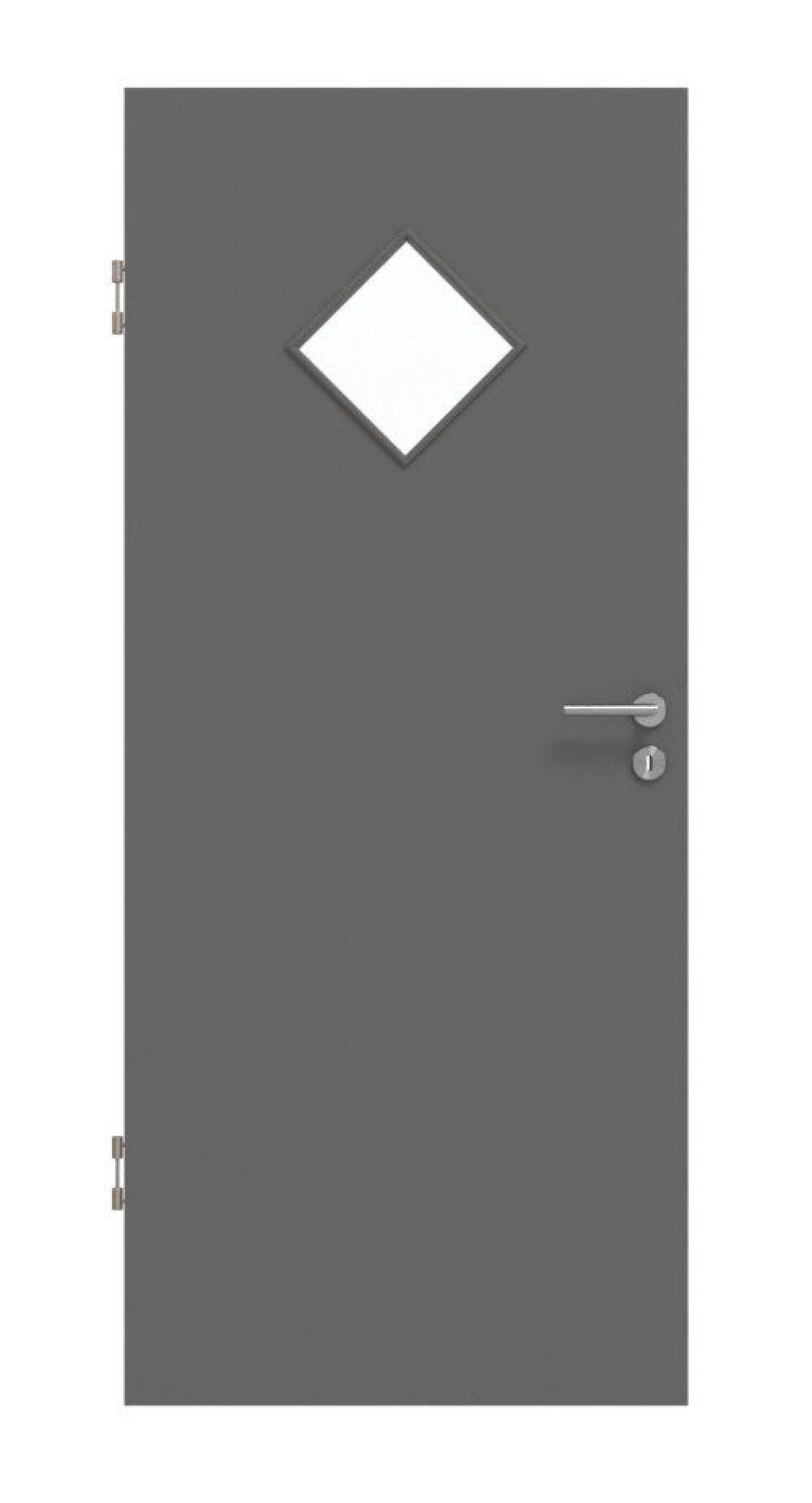 Frontansicht drzwi wewnętrznych Huga Hygge szare RAL 7037 Duradecor Basic z przeszkleniem LA 6 w kształcie rombu