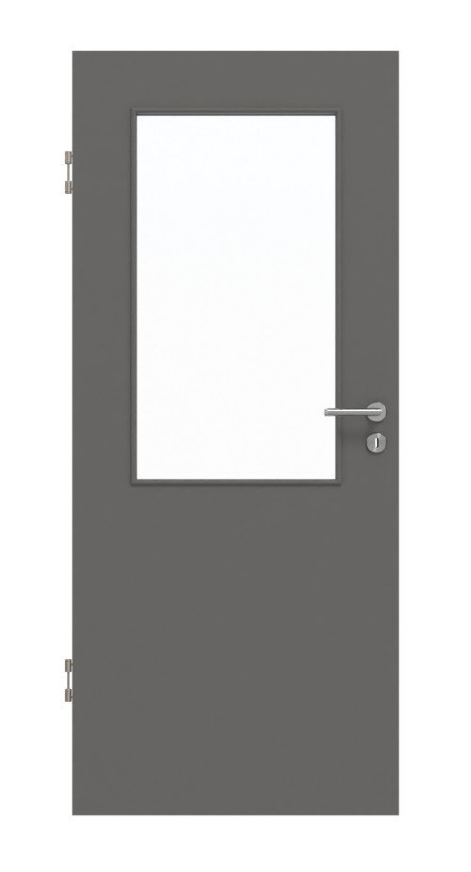 Front view of Huga interior door Hygge gray RAL 7037 Duradecor Basic with light cutout LA 7