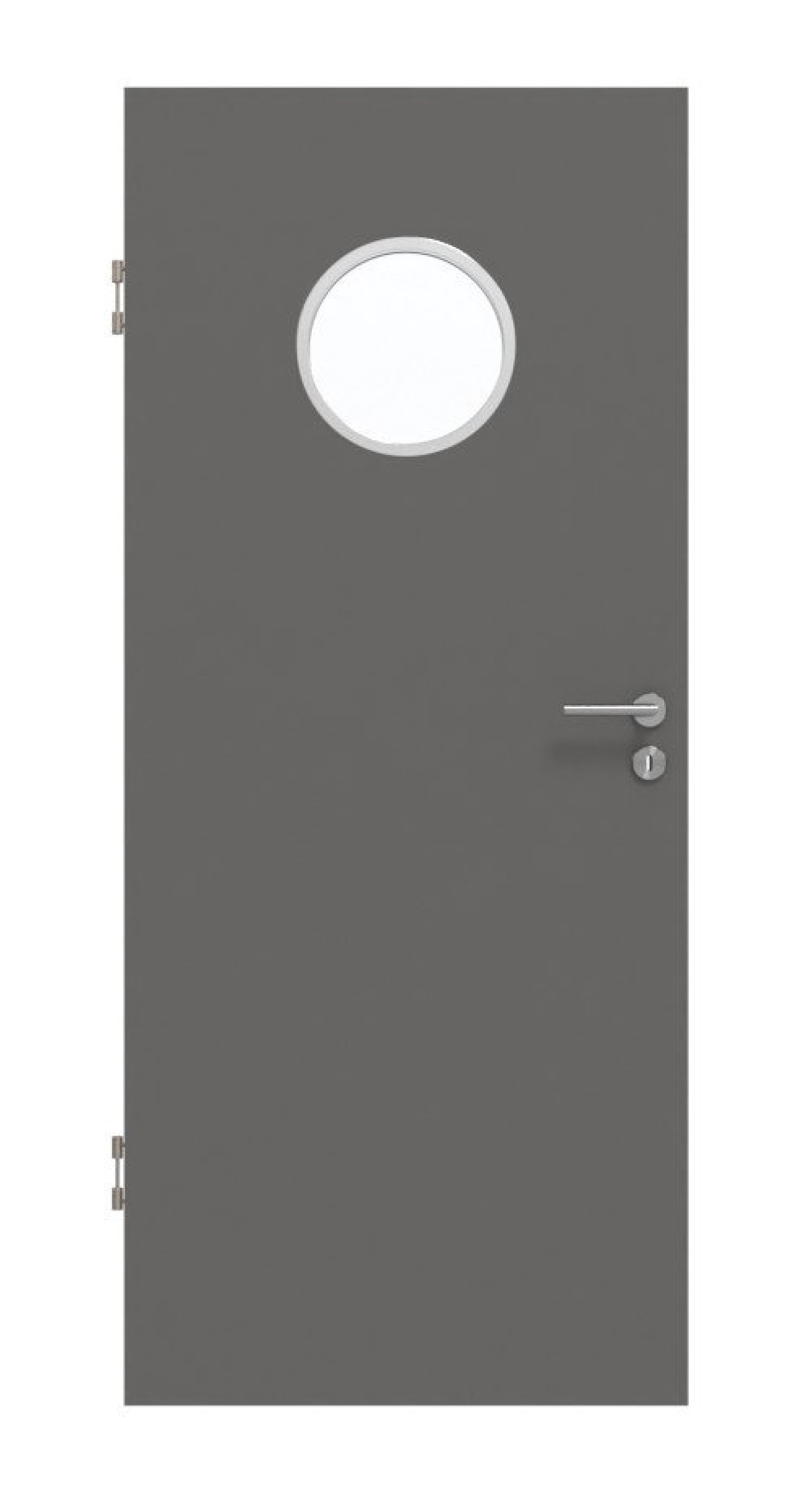 Frontansicht drzwi wewnętrznych Huga Hygge szare RAL 7037 Duradecor Basic z przeszkleniem LA Bullauge