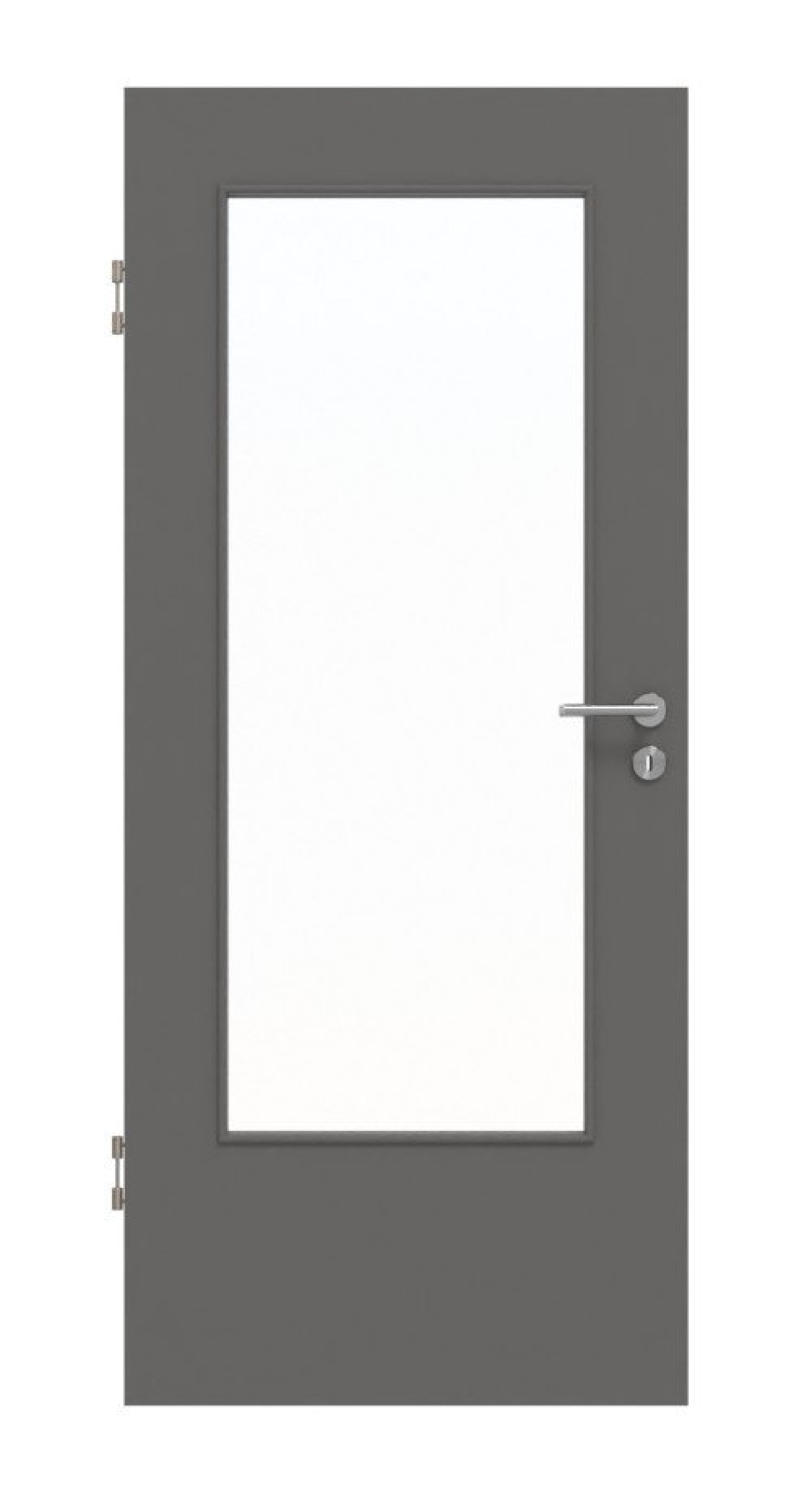 Front view of Huga interior door Hygge gray RAL 7037 Duradecor Basic with glass cutout LA-DIN