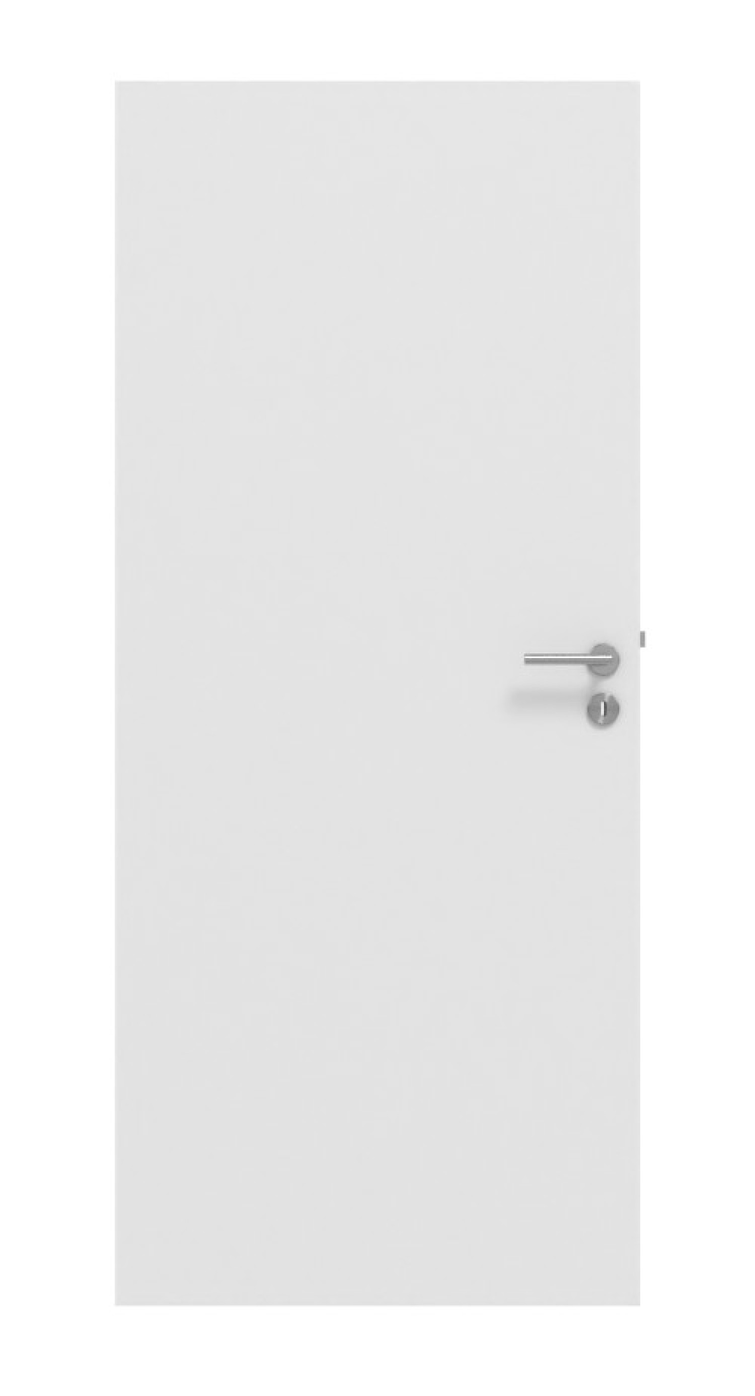 Widok z przodu zestawu drzwi wewnętrznych HUGA Białe Bütte Basic Durat z zamkiem wpuszczanym, z ościeżnicą i klamką