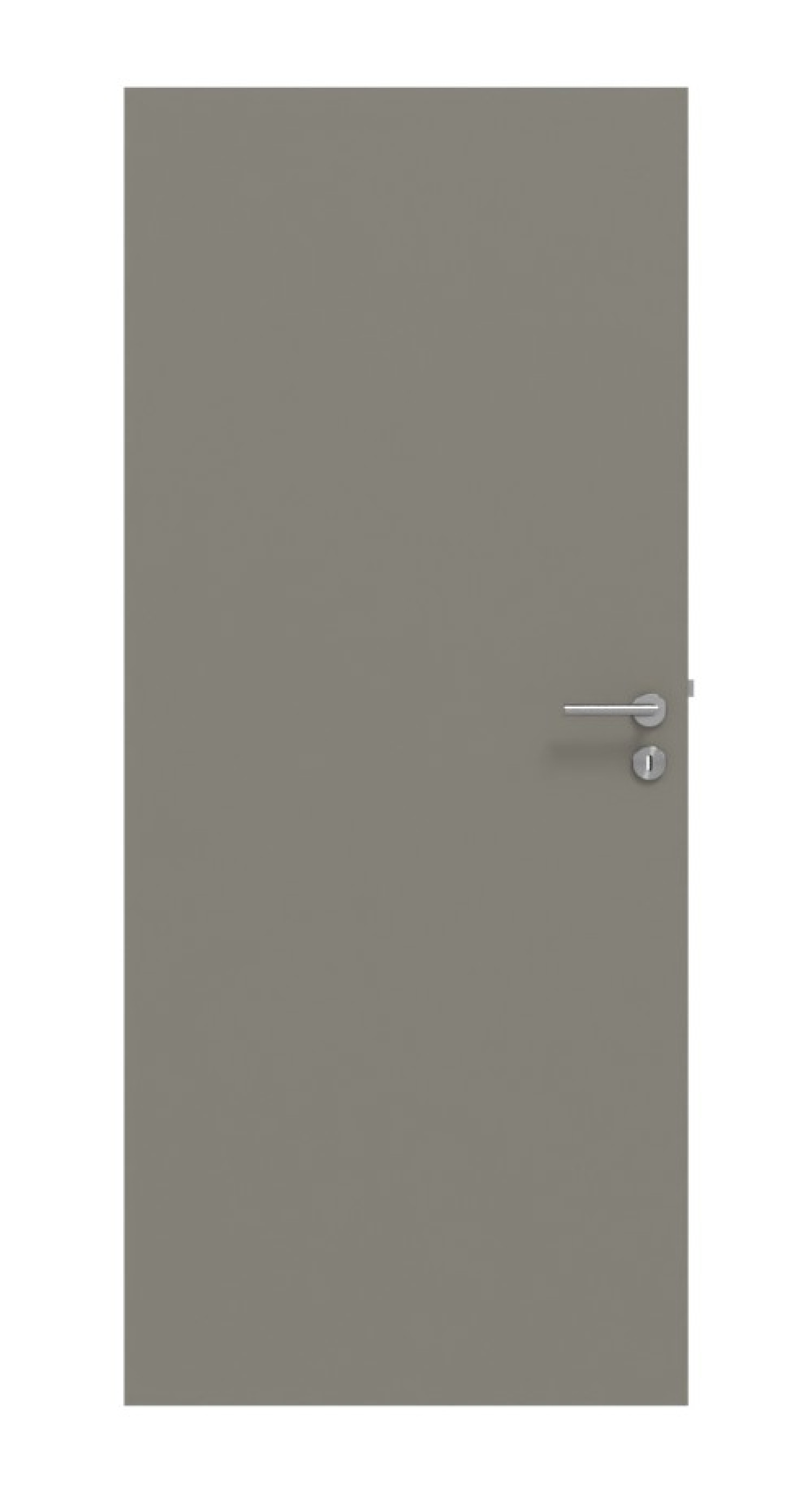 Widok z przodu zestawu drzwi wewnętrznych HUGA Hygge szary Basic Durat z chwytem i ościeżnicą.