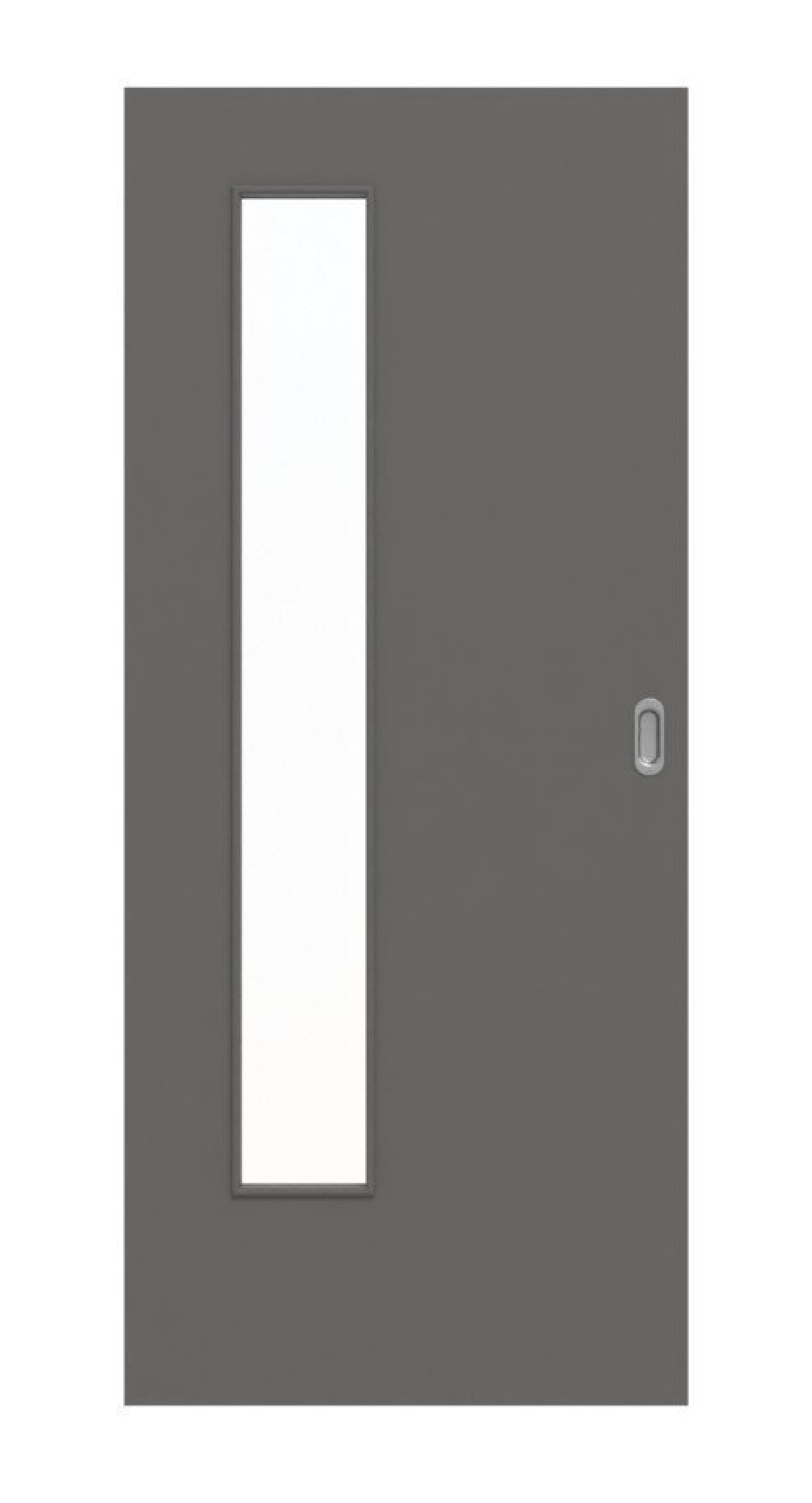 Front view of Huga sliding door Hygge gray RAL 7037 lacquer Basic with light cutout LA-24 on the hinge side