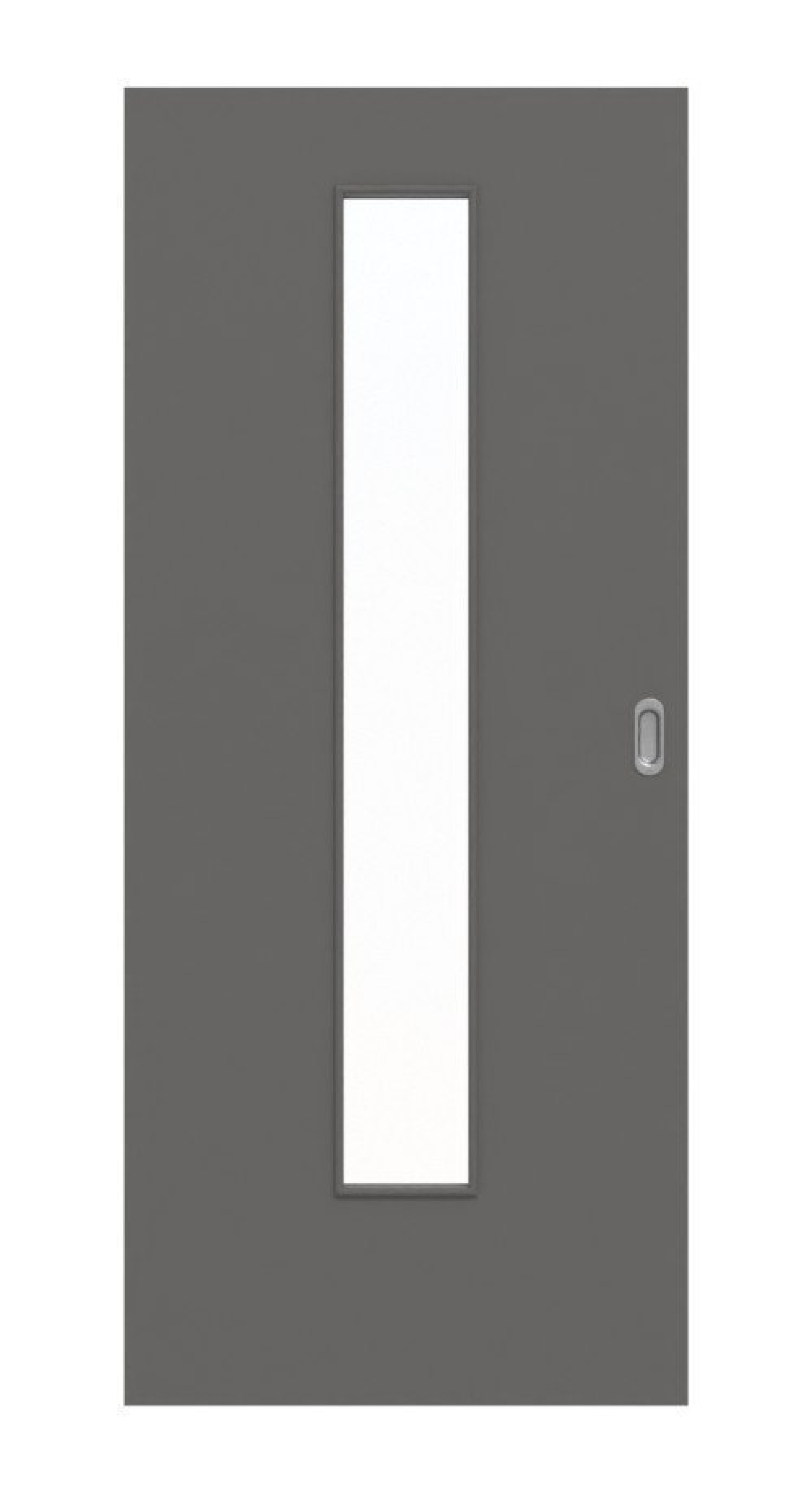 Frontansicht drzwi przesuwne Huga Hygge szare RAL 7037 lakier Basic z przeszkleniem LA-24 na środku