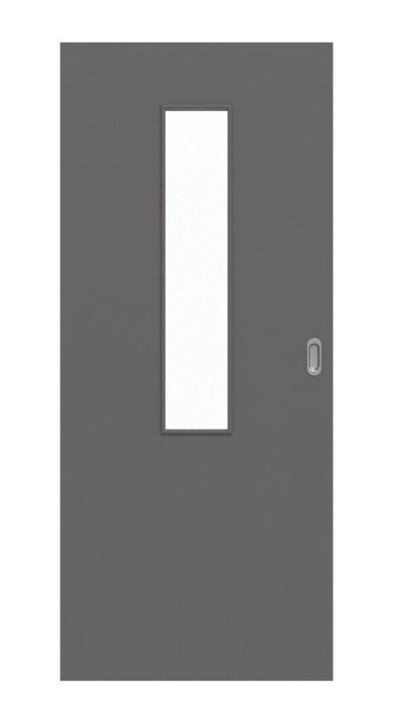 Frontansicht drzwi przesuwnej Huga Hygge szarej RAL 7037 lakier Basic z przeszkleniem LA-4 na środku